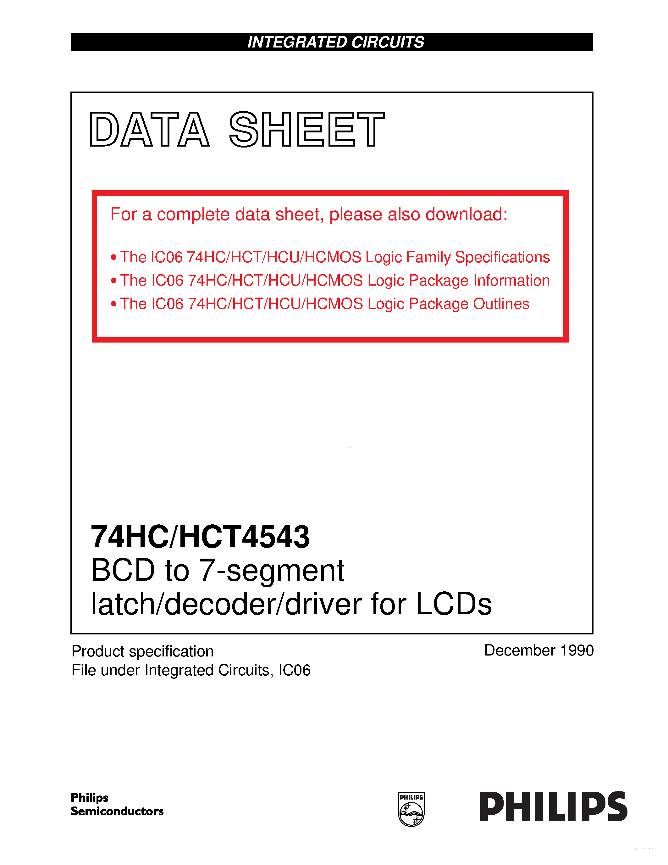 Datasheet 74HC4543 - BCD to 7-segment latch/decoder/driver page 1