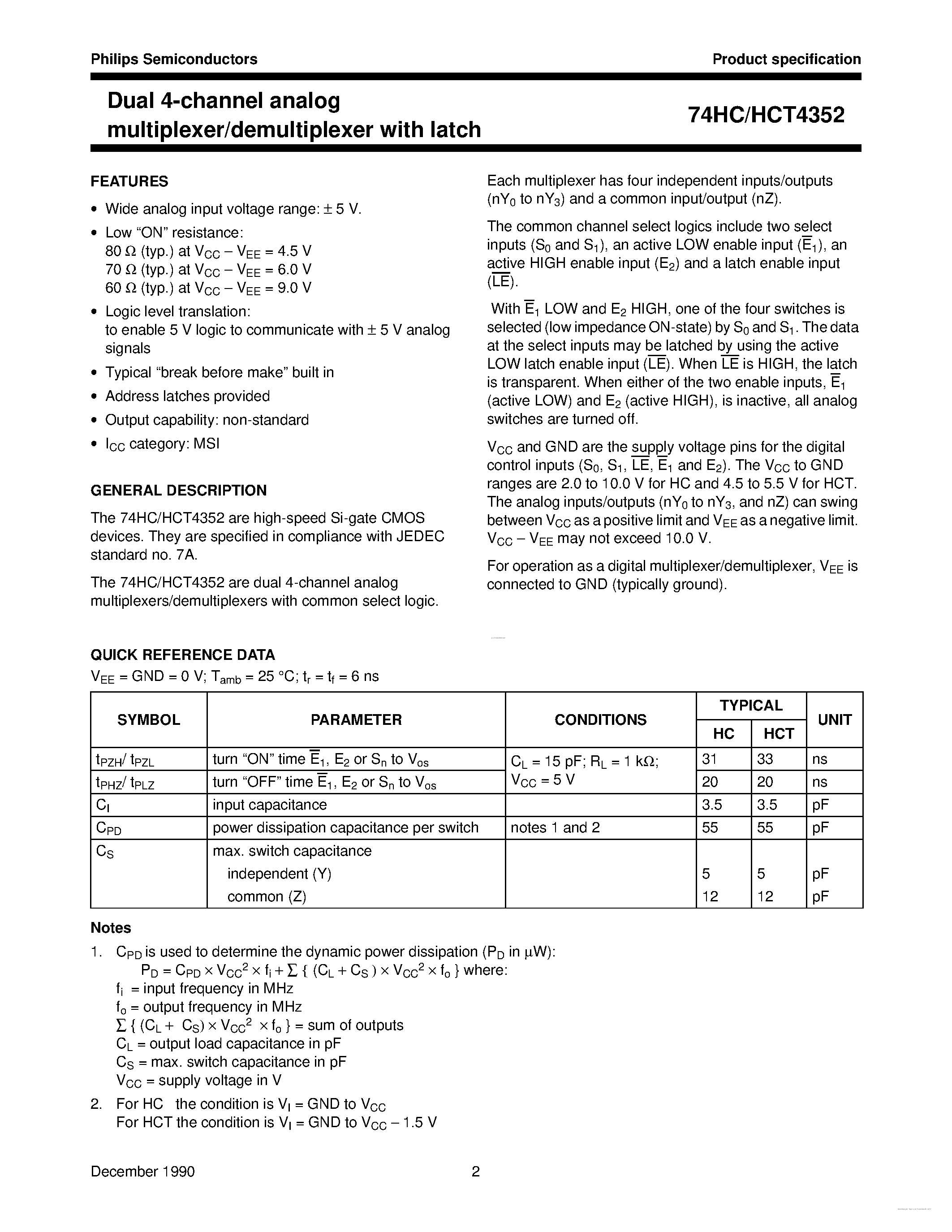 Datasheet 74HC4352 - Dual 4-channel analog multiplexer/demultiplexer page 2