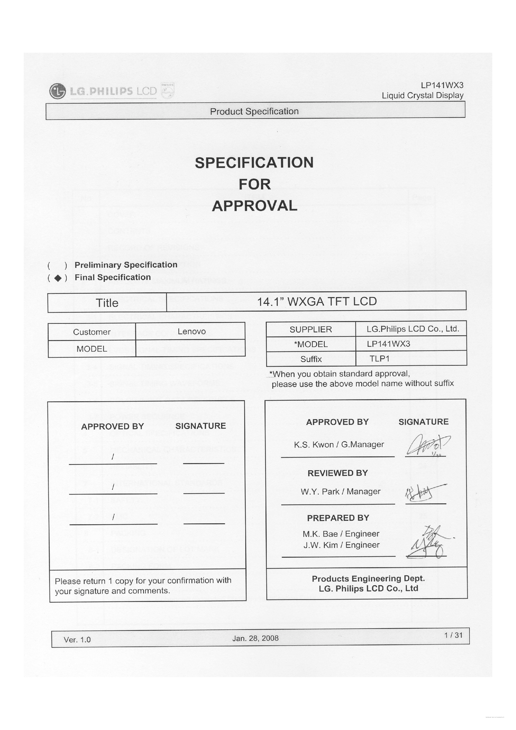 Datasheet LP141WX3-TLP1 - Liquid Crystal Display page 1