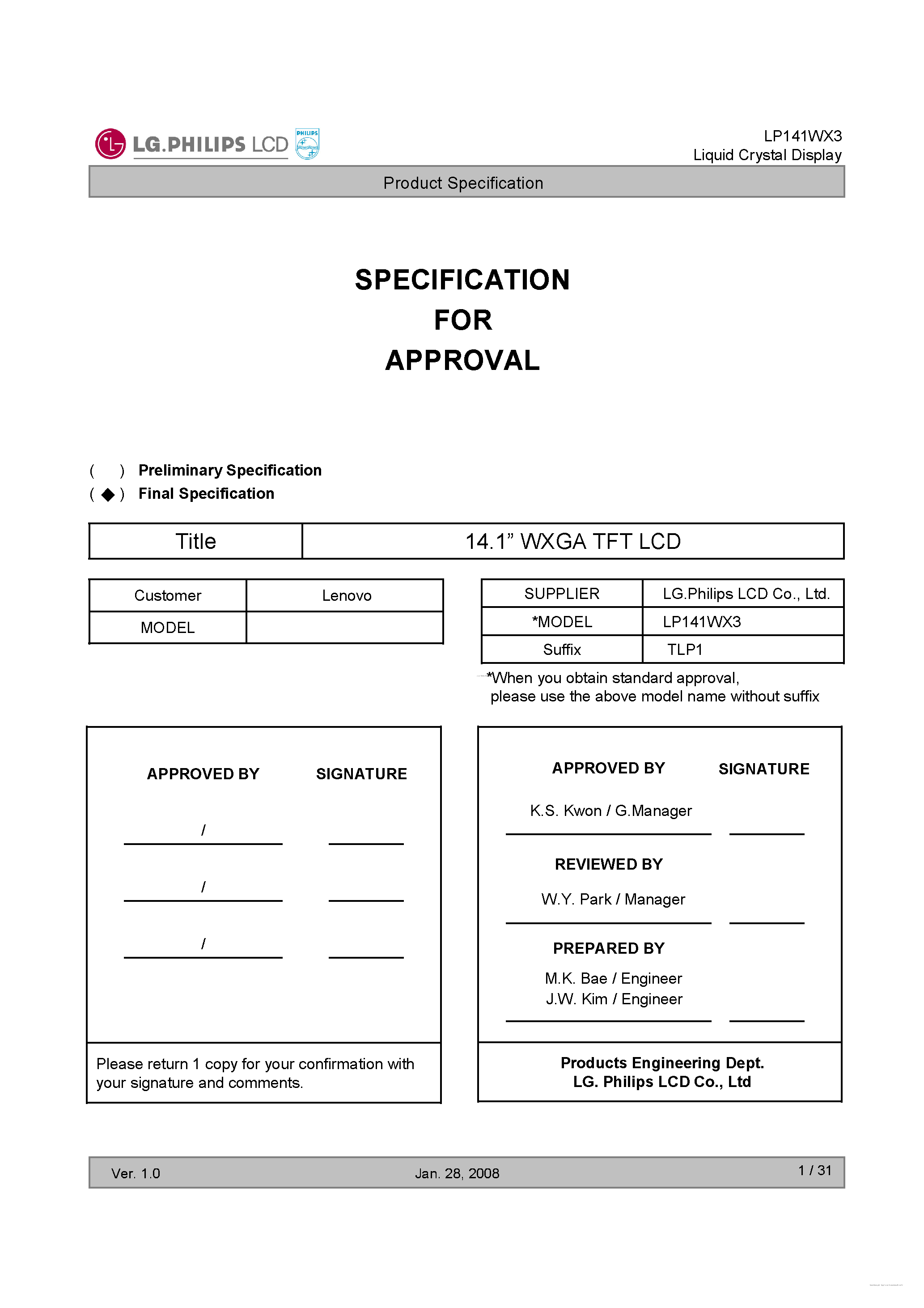 Datasheet LP141WX3-TLP1 - Liquid Crystal Display page 2