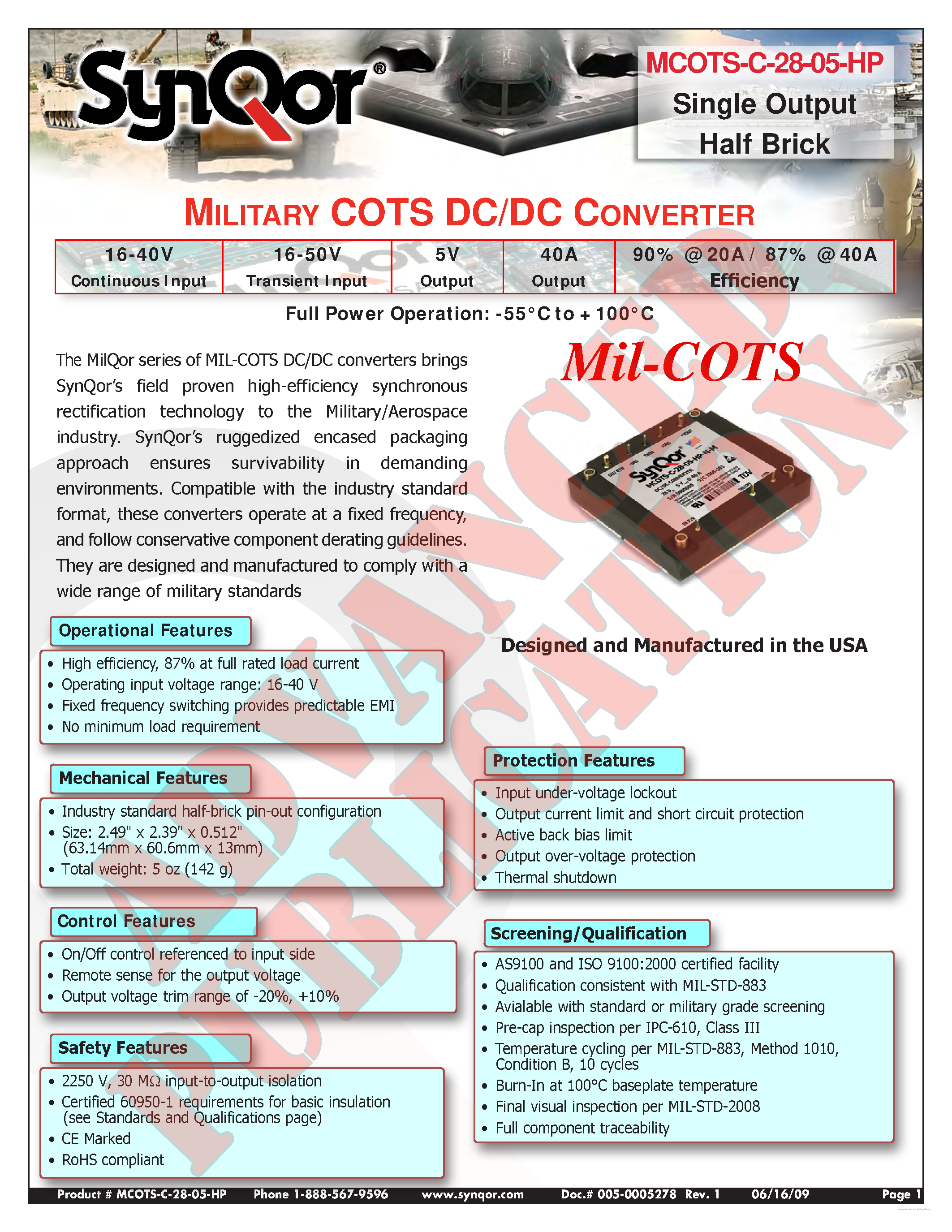 Datasheet MCOTS-C-28-05-HP - MILITARY COTS DC/DC CONVERTER page 1