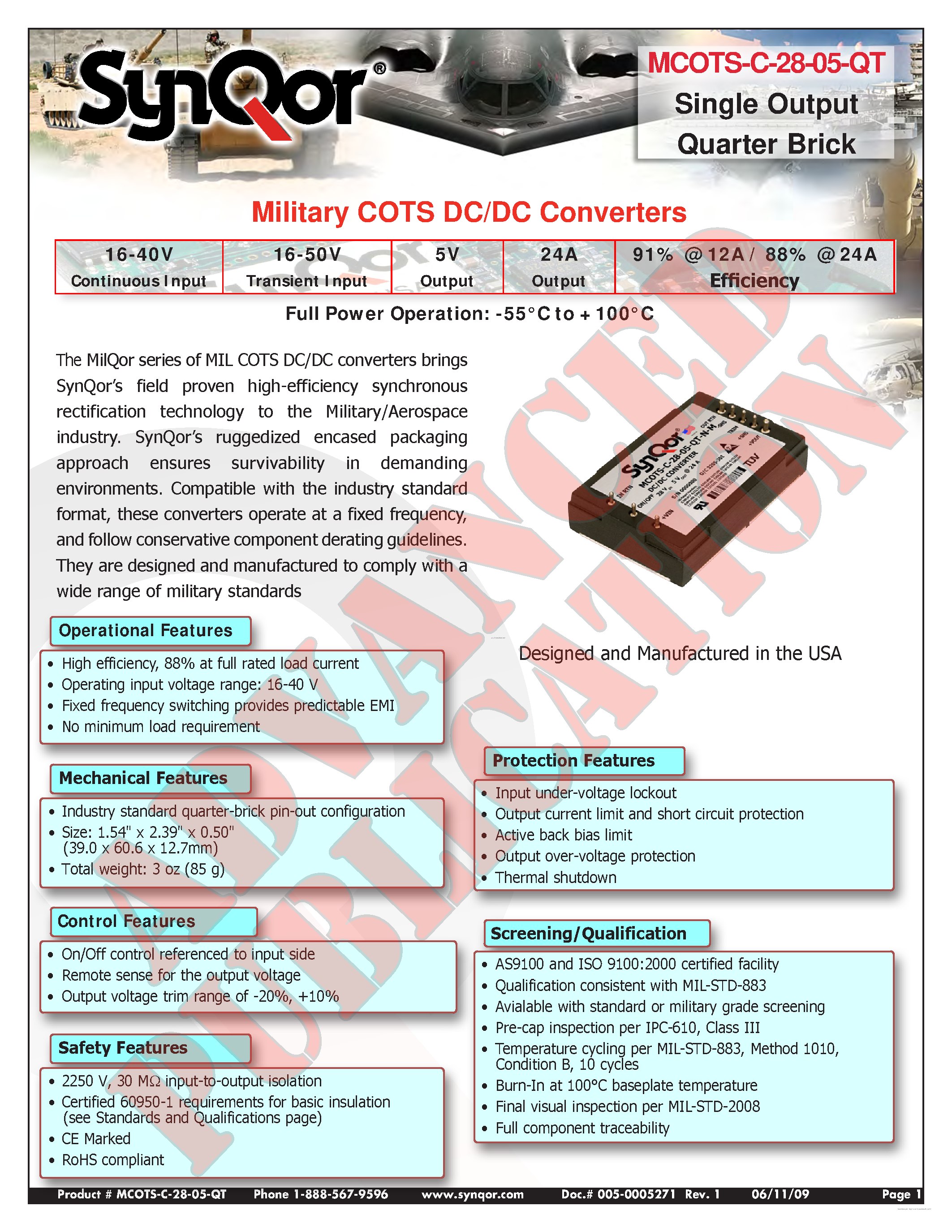 Datasheet MCOTS-C-28-05-QT - Military COTS DC/DC Converters page 1