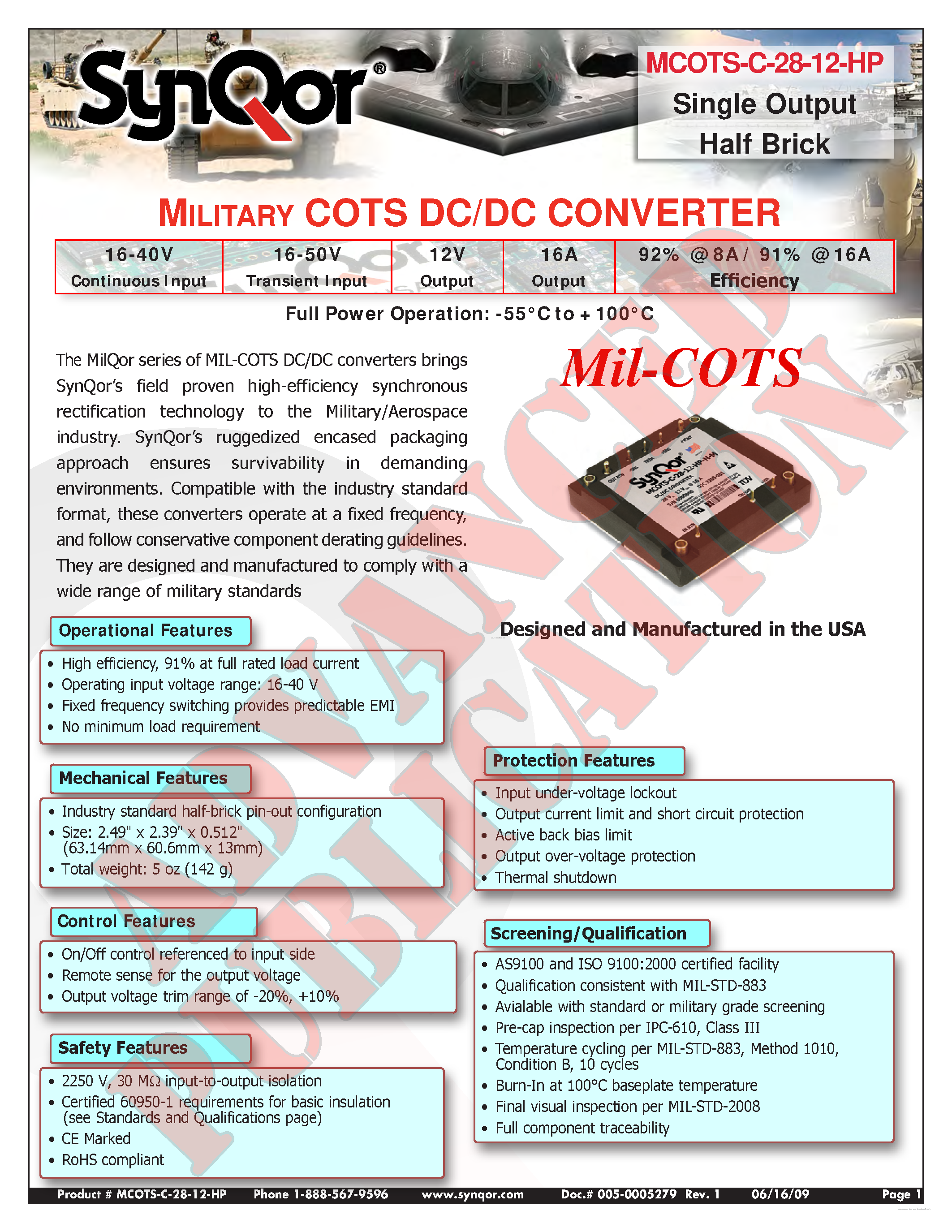 Datasheet MCOTS-C-28-12-HP - MILITARY COTS DC/DC CONVERTER page 1