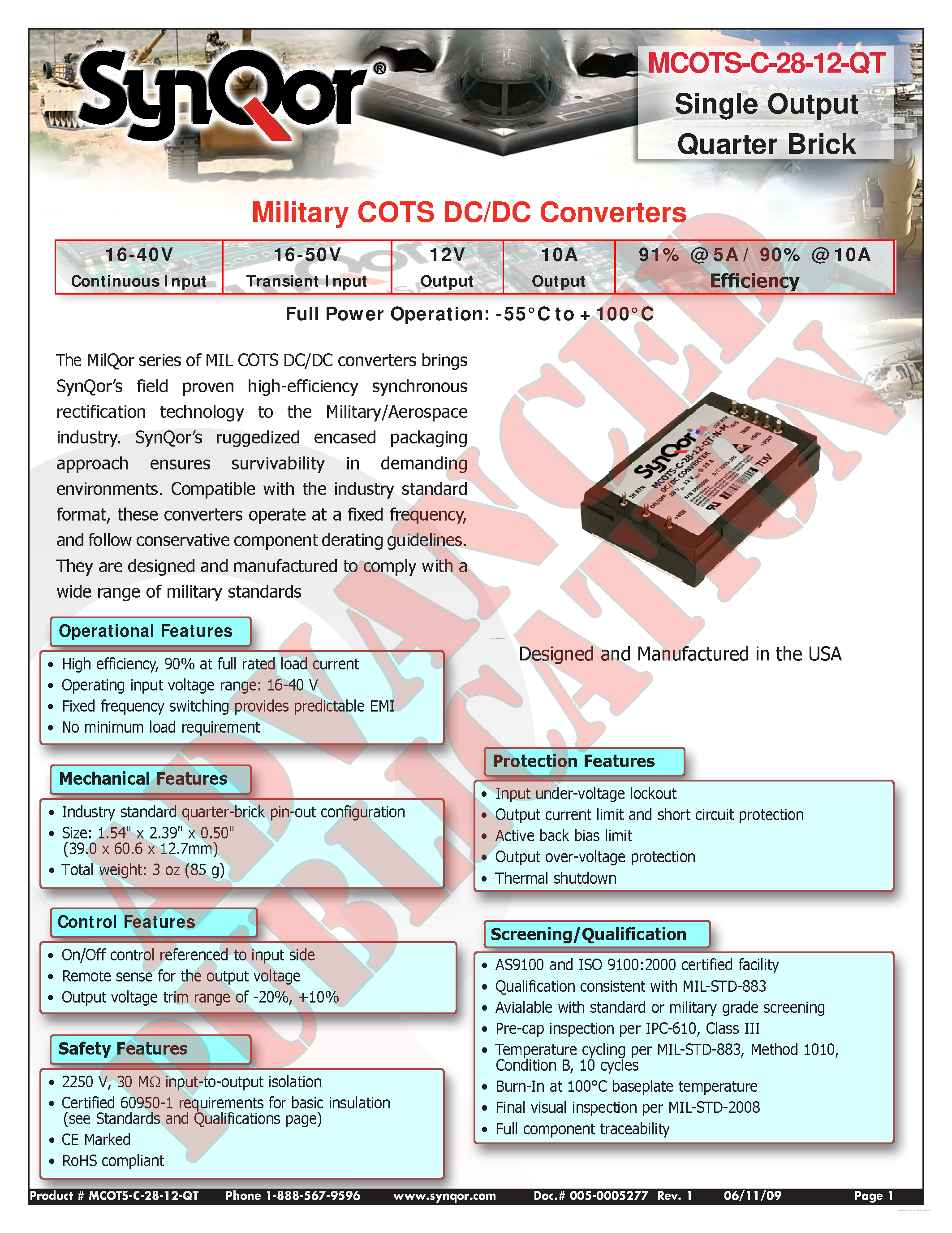 Datasheet MCOTS-C-28-12-QT - Military COTS DC/DC Converters page 1