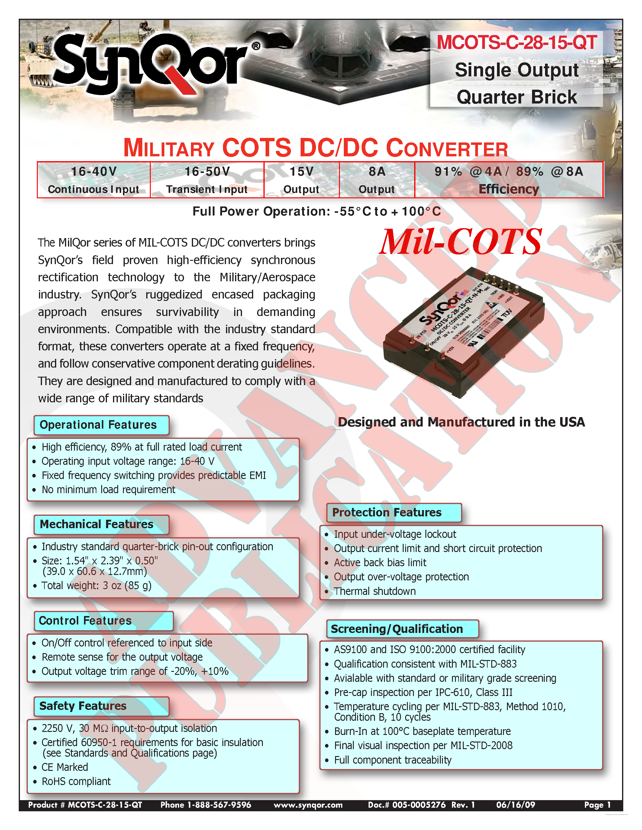 Datasheet MCOTS-C-28-15-QT - MILITARY COTS DC/DC CONVERTER page 1