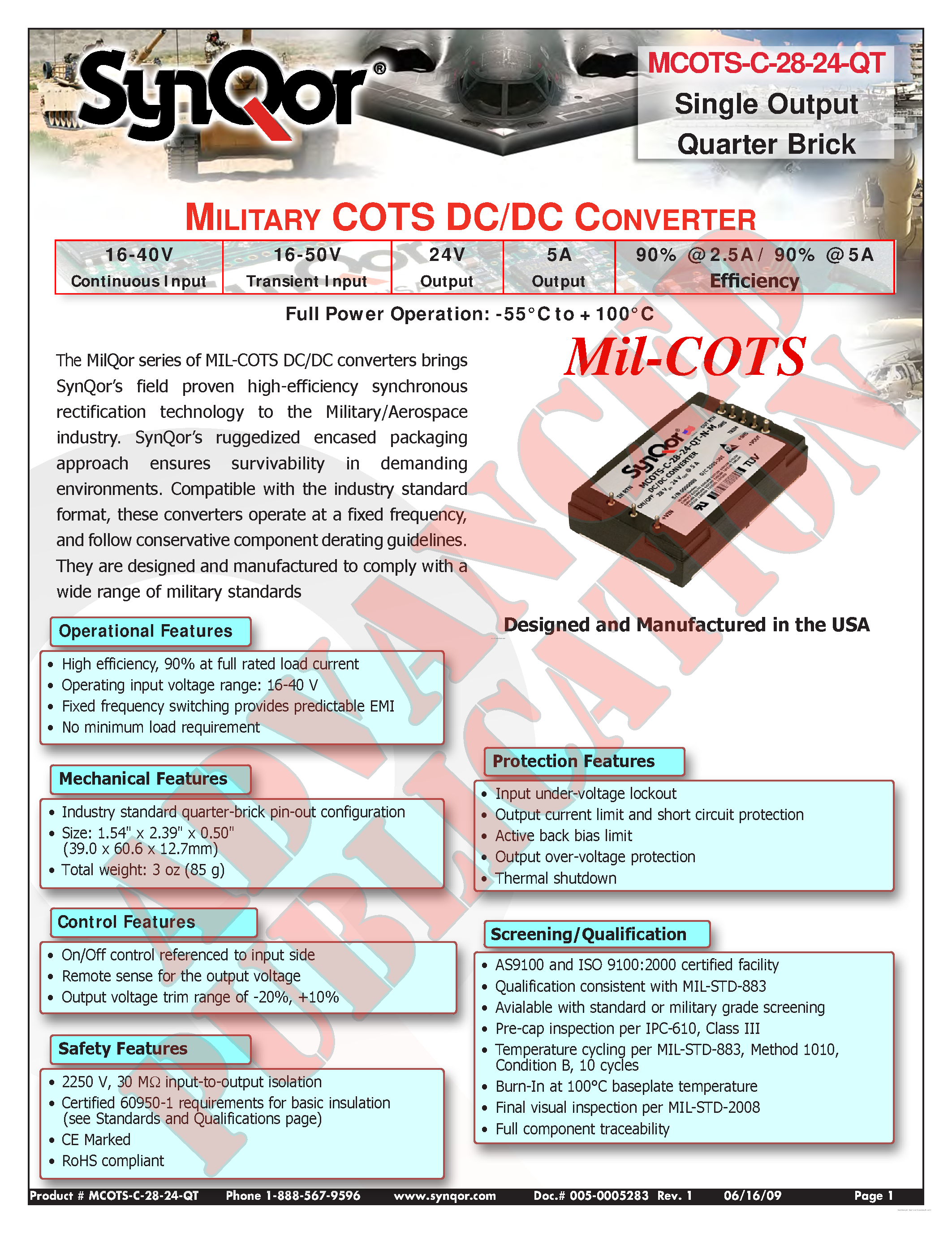 Даташит MCOTS-C-28-24-QT - MILITARY COTS DC/DC CONVERTER страница 1