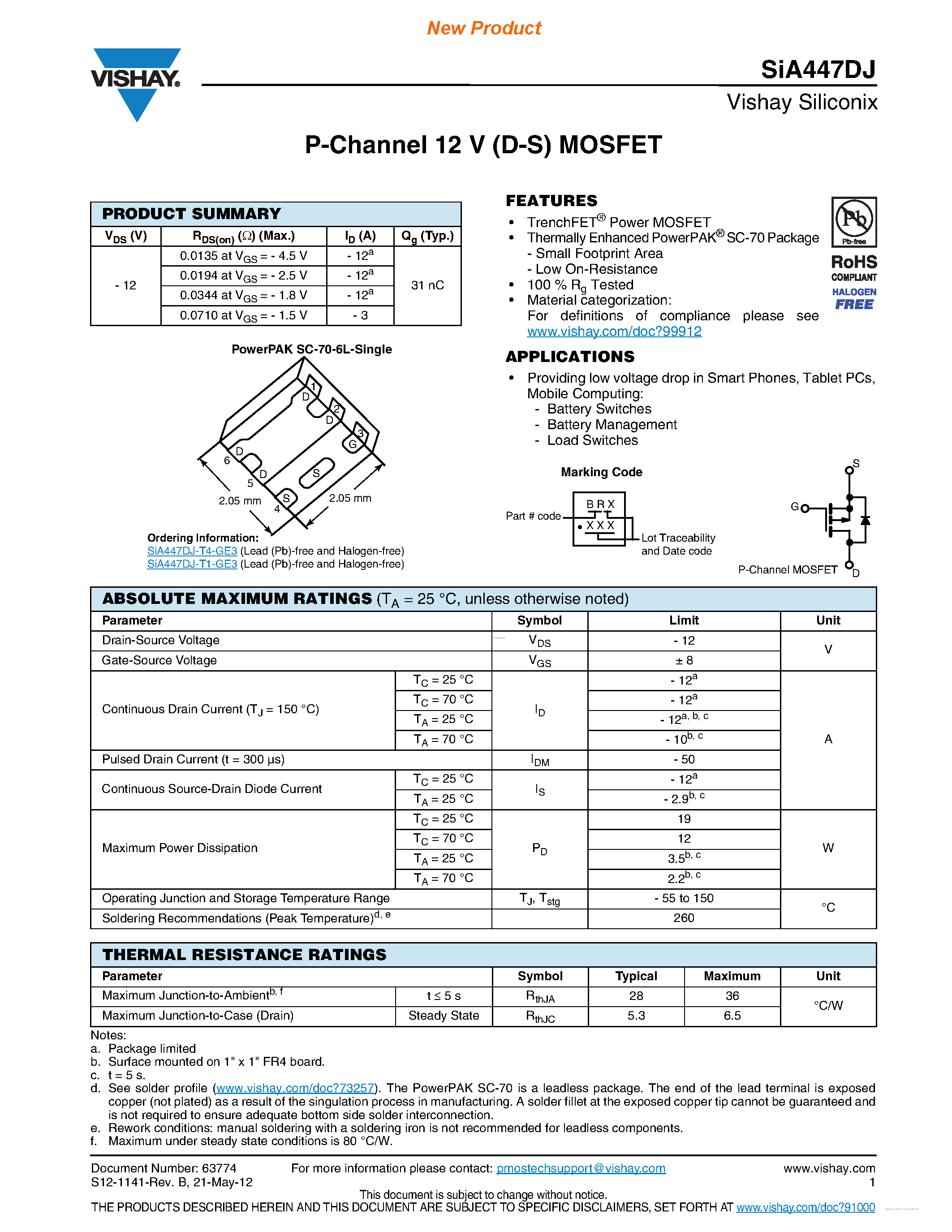 Даташит SiA447DJ - P-Channel 12 V (D-S) MOSFET страница 1