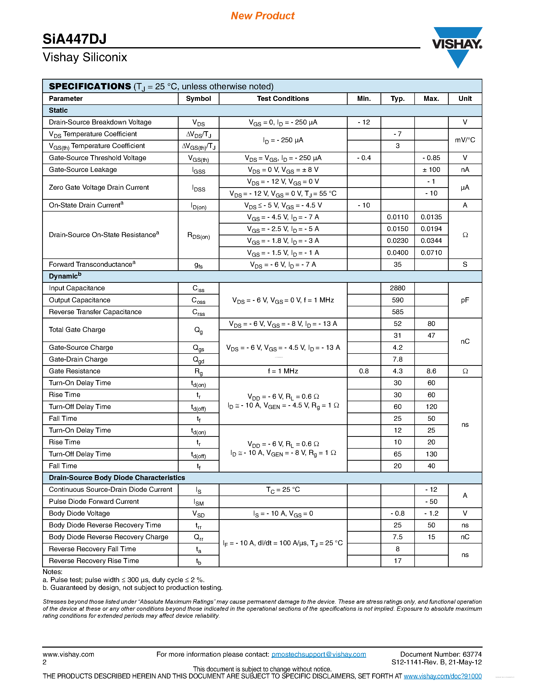 Даташит SiA447DJ - P-Channel 12 V (D-S) MOSFET страница 2