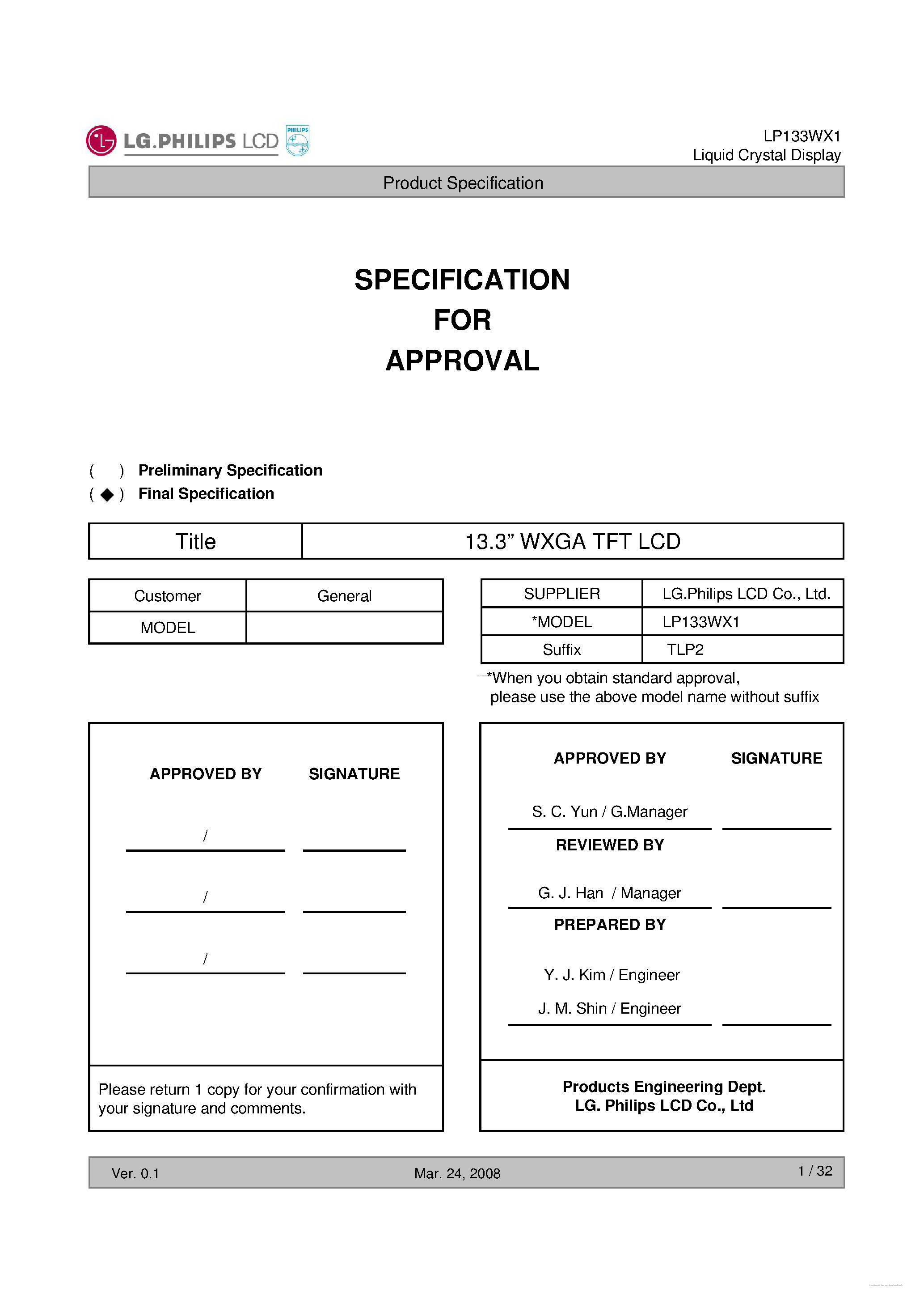 Datasheet LP133WX1-TLP2 - Liquid Crystal Display page 1