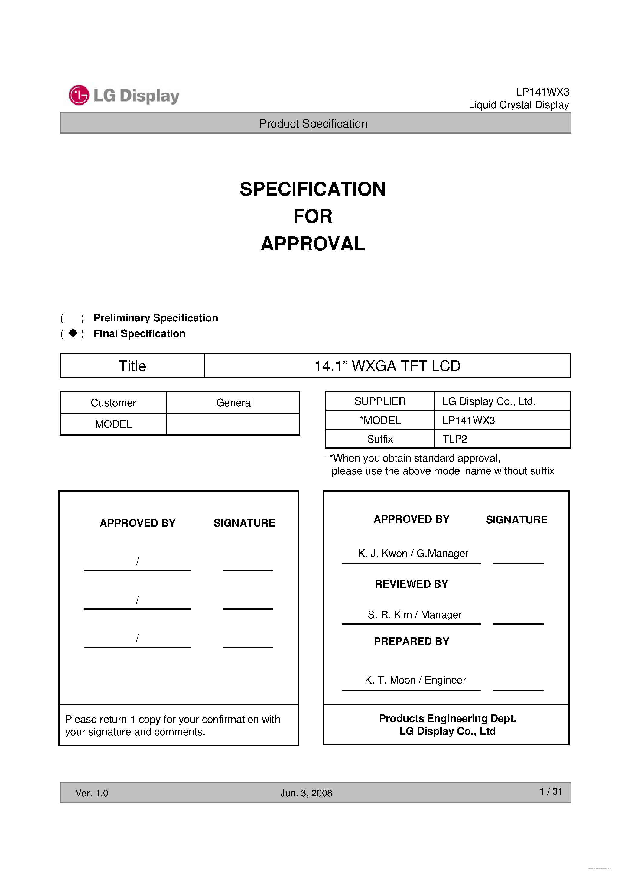 Datasheet LP141WX3-TLP2 - Liquid Crystal Display page 1