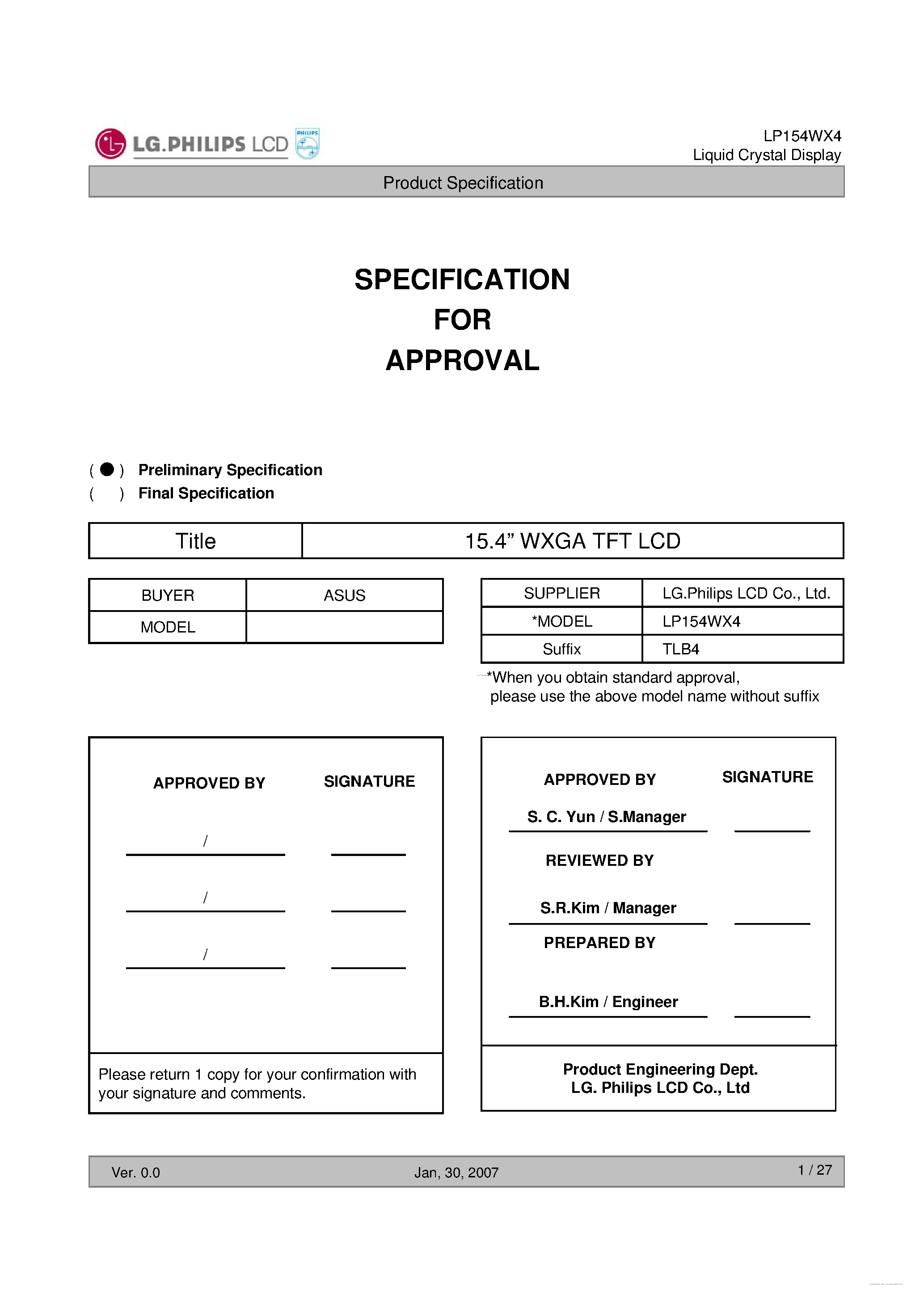 Даташит на микросхему LP154WX4-TLB4 страница 1 Даташит LP154WX4-TLB4 - Liquid Crystal Display страница 1