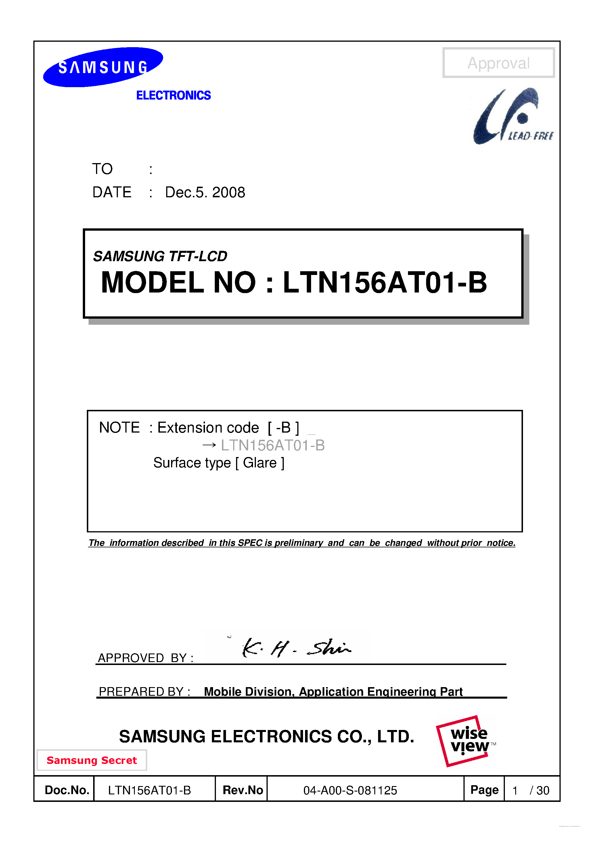 Datasheet LTN156AT01-B - Display Module page 1