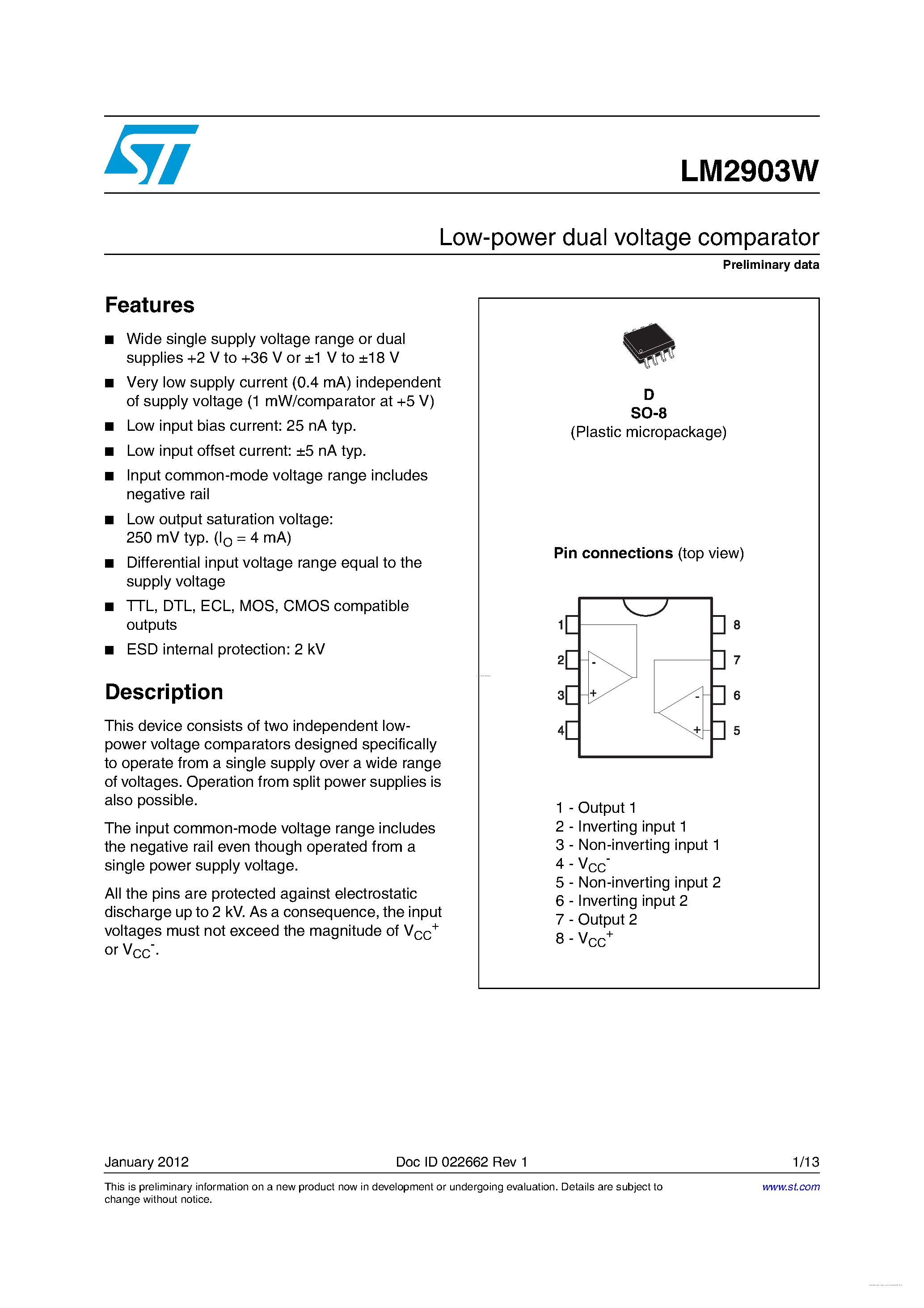 Datasheet LM2903W - Low-power dual voltage comparator page 1