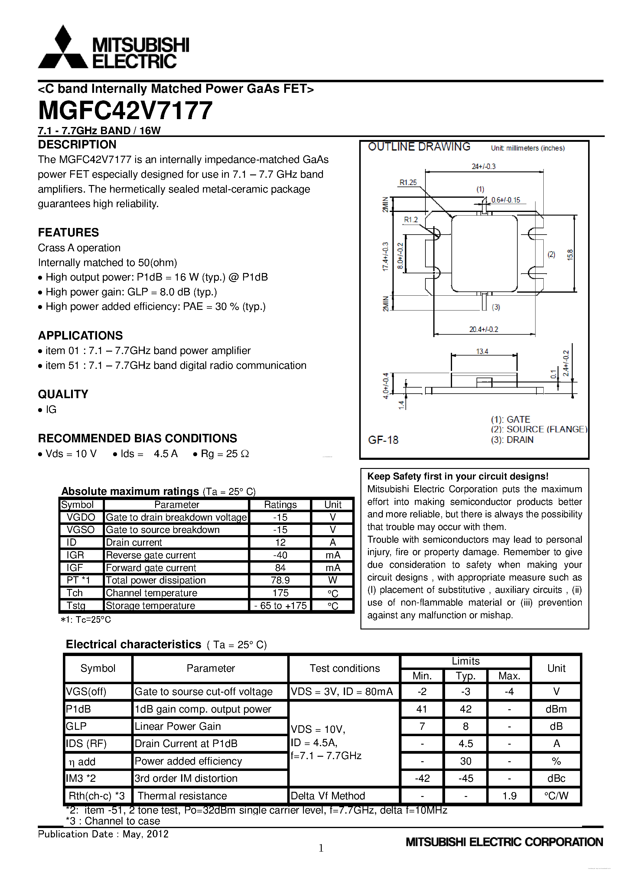 Datasheet MGFC42V7177 - C band Internally Matched Power GaAs FET page 1