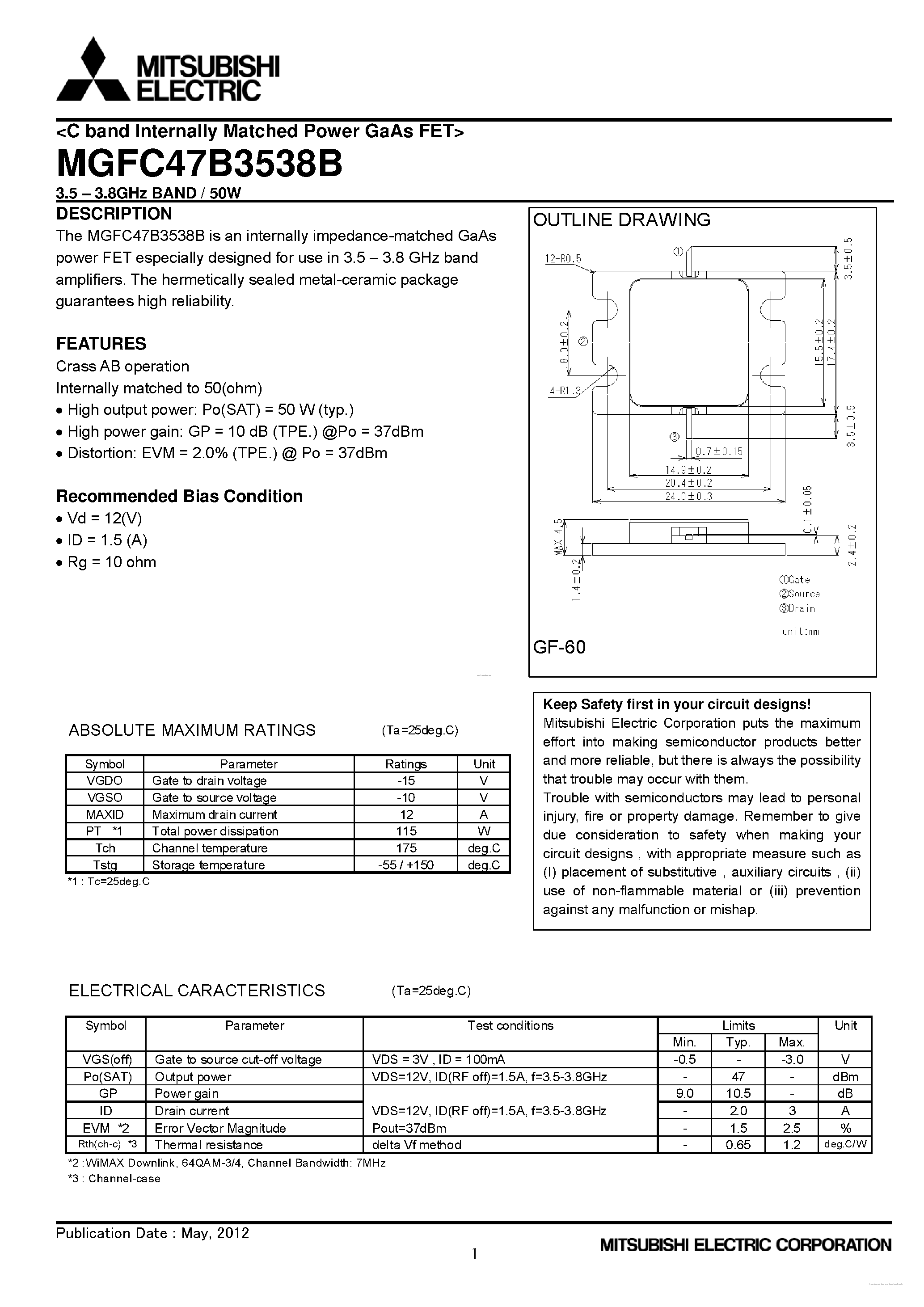 Datasheet MGFC47B3538B - C band Internally Matched Power GaAs FET page 1