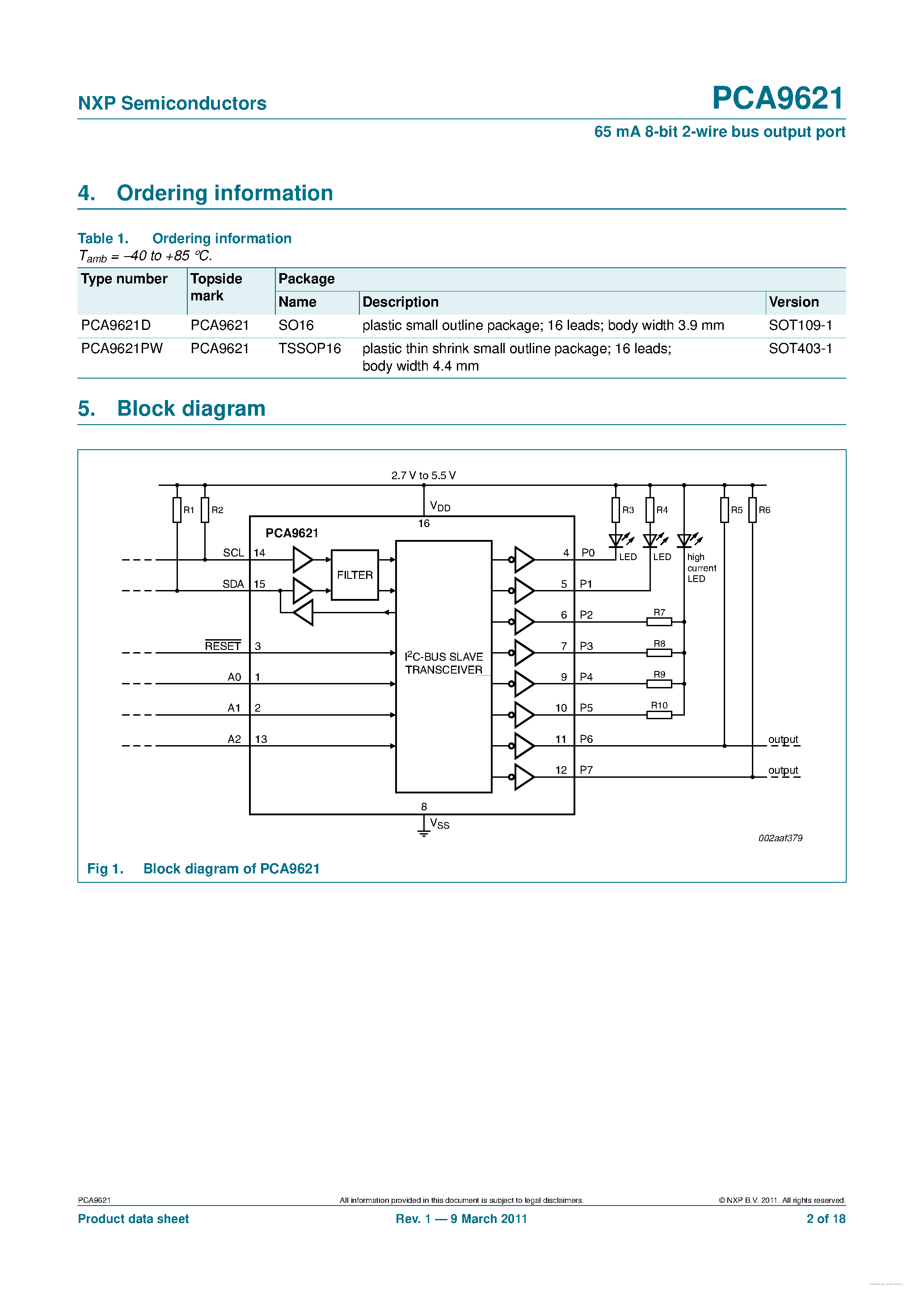 Даташит PCA9621 - 65 mA 8-bit 2-wire bus output port страница 2