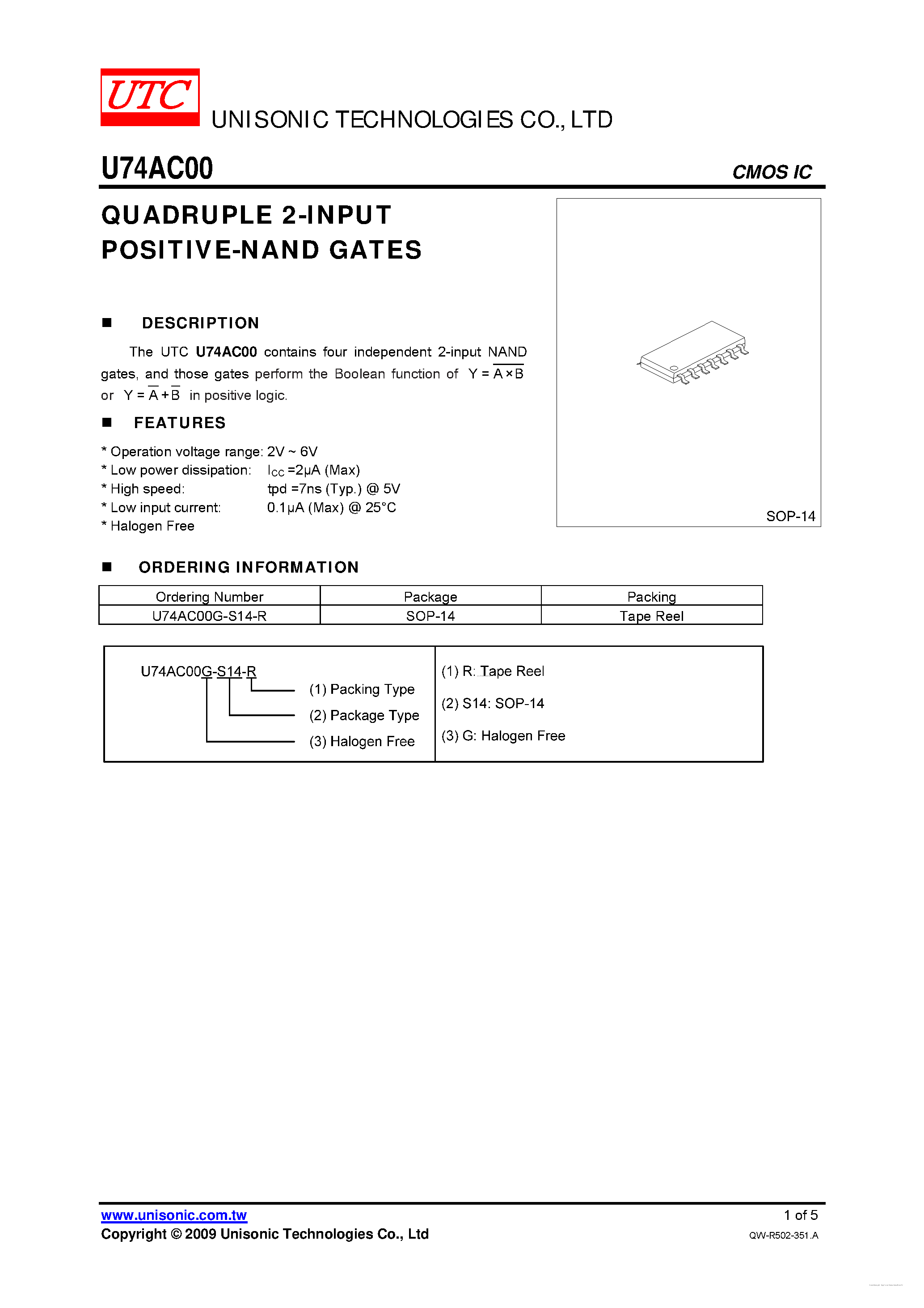 Даташит U74AC00 - QUADRUPLE 2-INPUT POSITIVE-NAND GATES страница 1