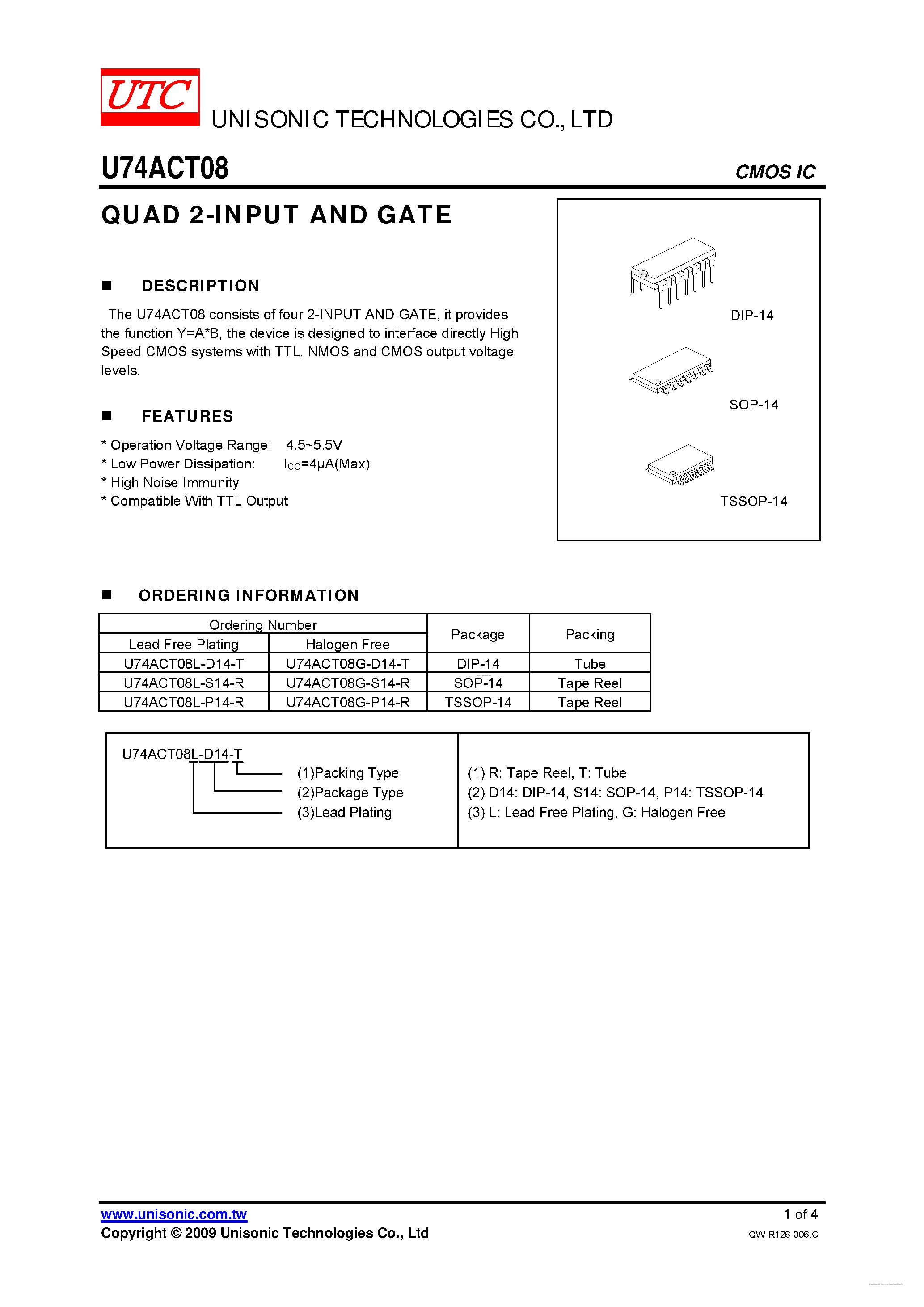 Даташит U74ACT08 - QUAD 2-INPUT AND GATE страница 1