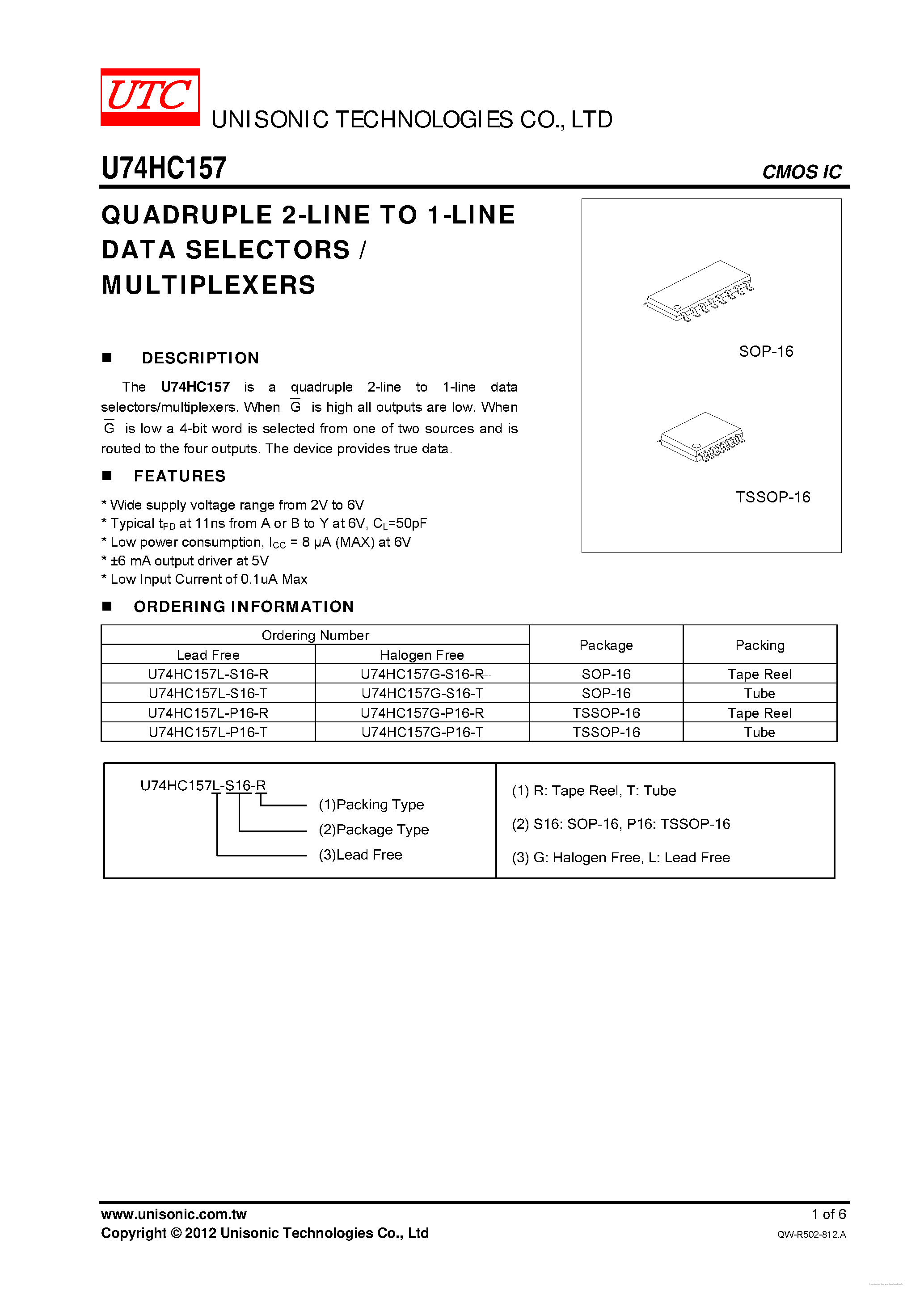 Даташит U74HC157 - QUADRUPLE 2-LINE TO 1-LINE DATA SELECTORS / MULTIPLEXERS страница 1