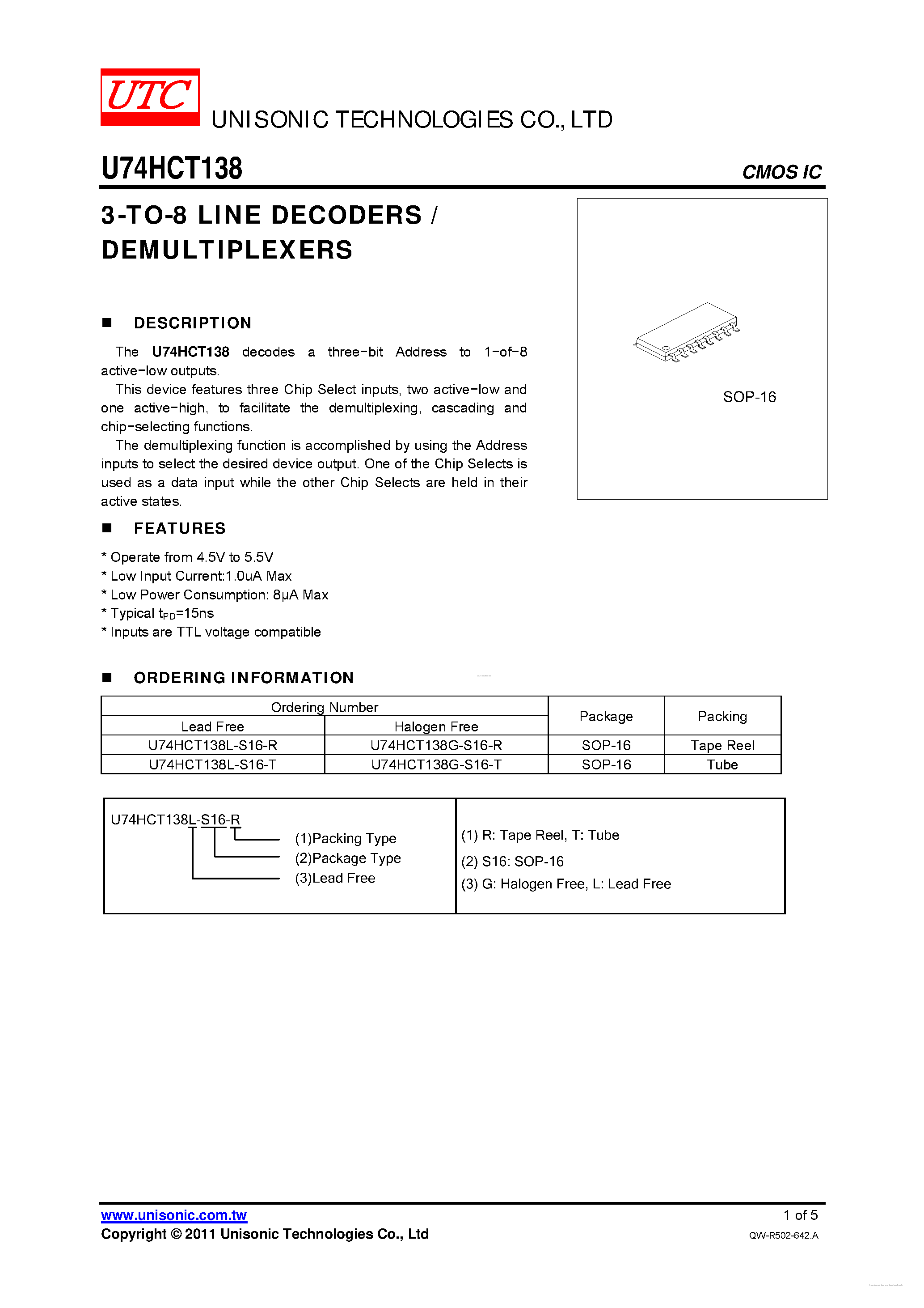 Даташит U74HCT138 - 3-TO-8 LINE DECODERS / DEMULTIPLEXERS страница 1