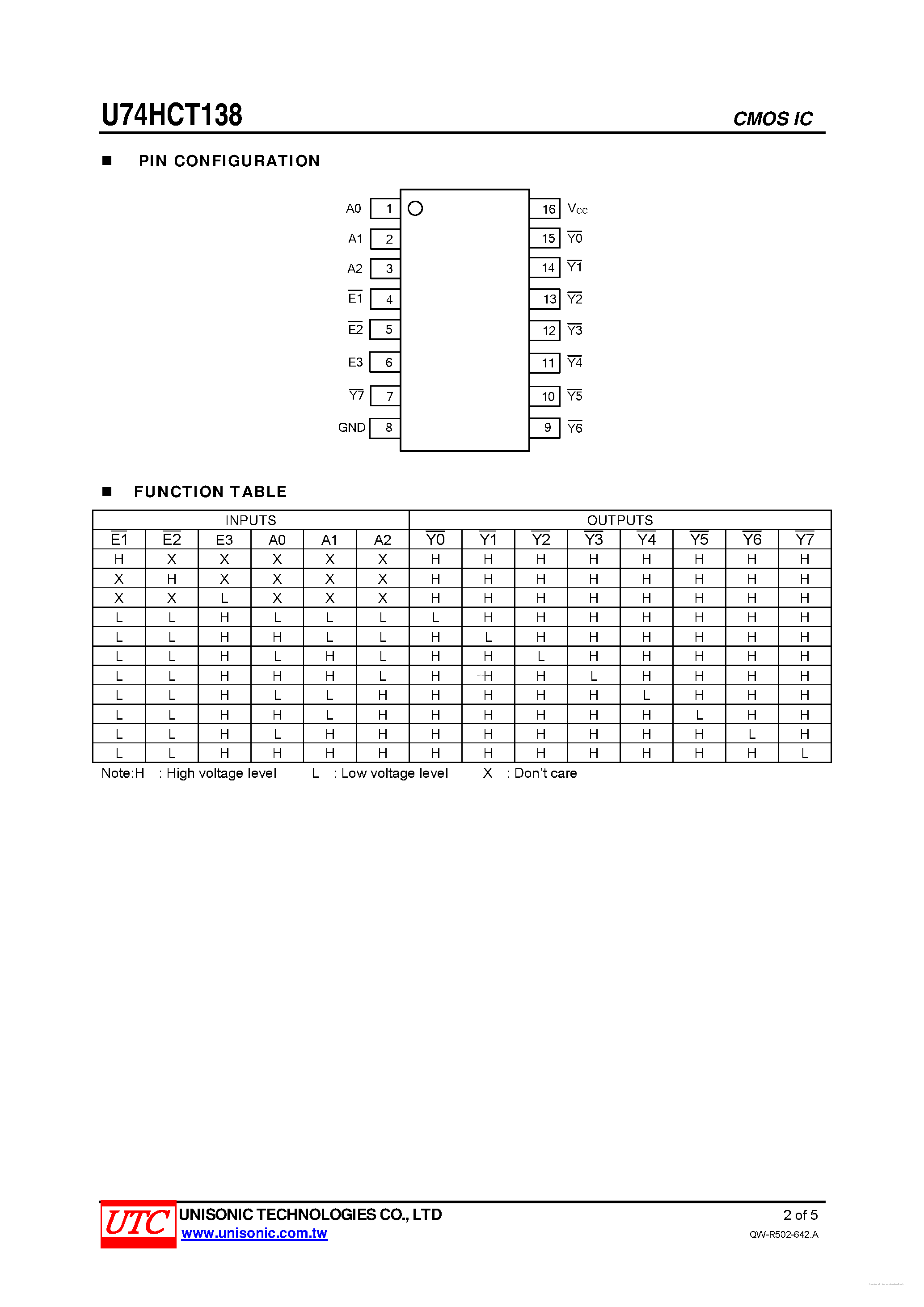 Даташит U74HCT138 - 3-TO-8 LINE DECODERS / DEMULTIPLEXERS страница 2