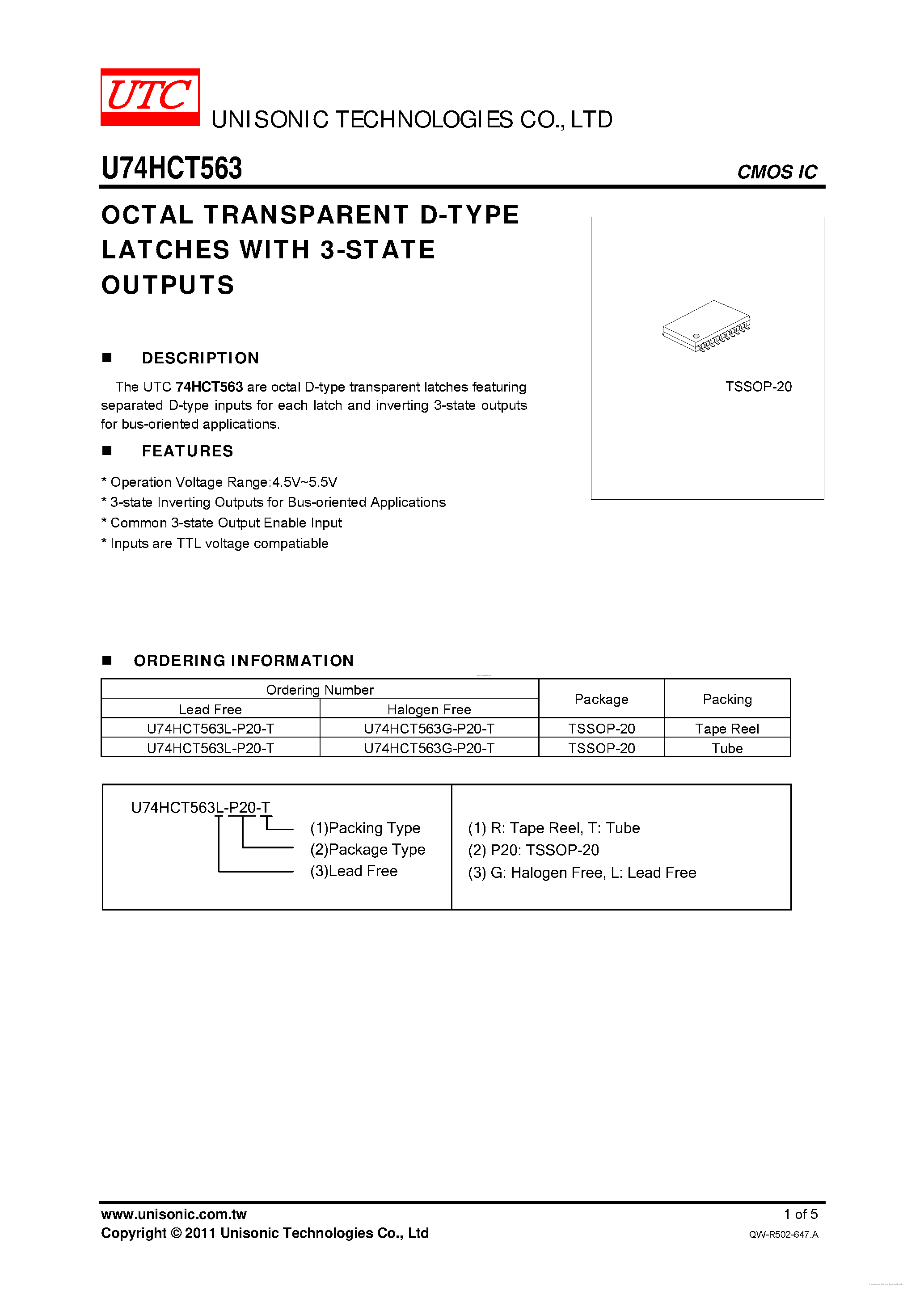 Даташит U74HCT563 - OCTAL TRANSPARENT D-TYPE LATCHES страница 1