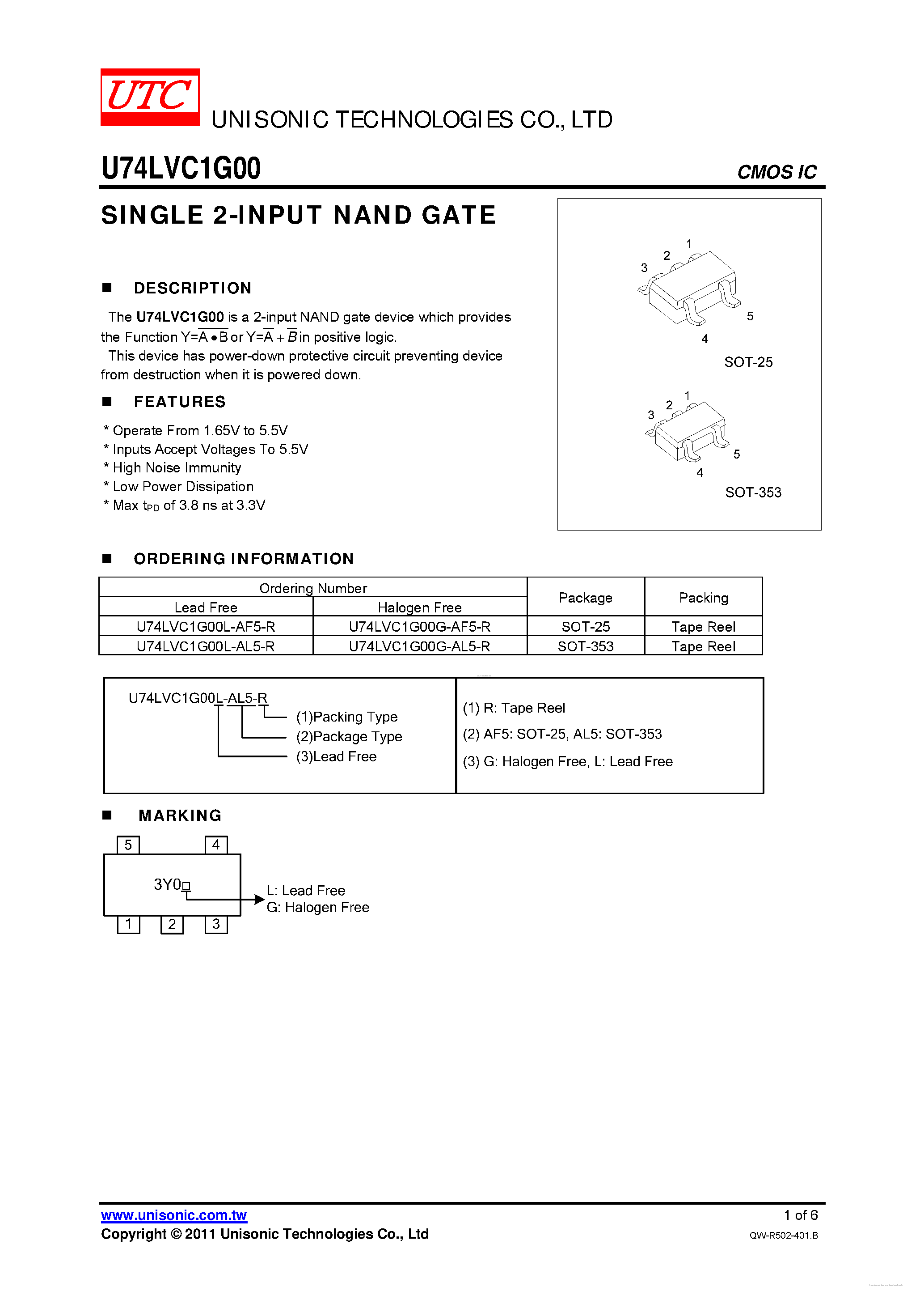 Даташит U74LVC1G00 - SINGLE 2-INPUT NAND GATE страница 1