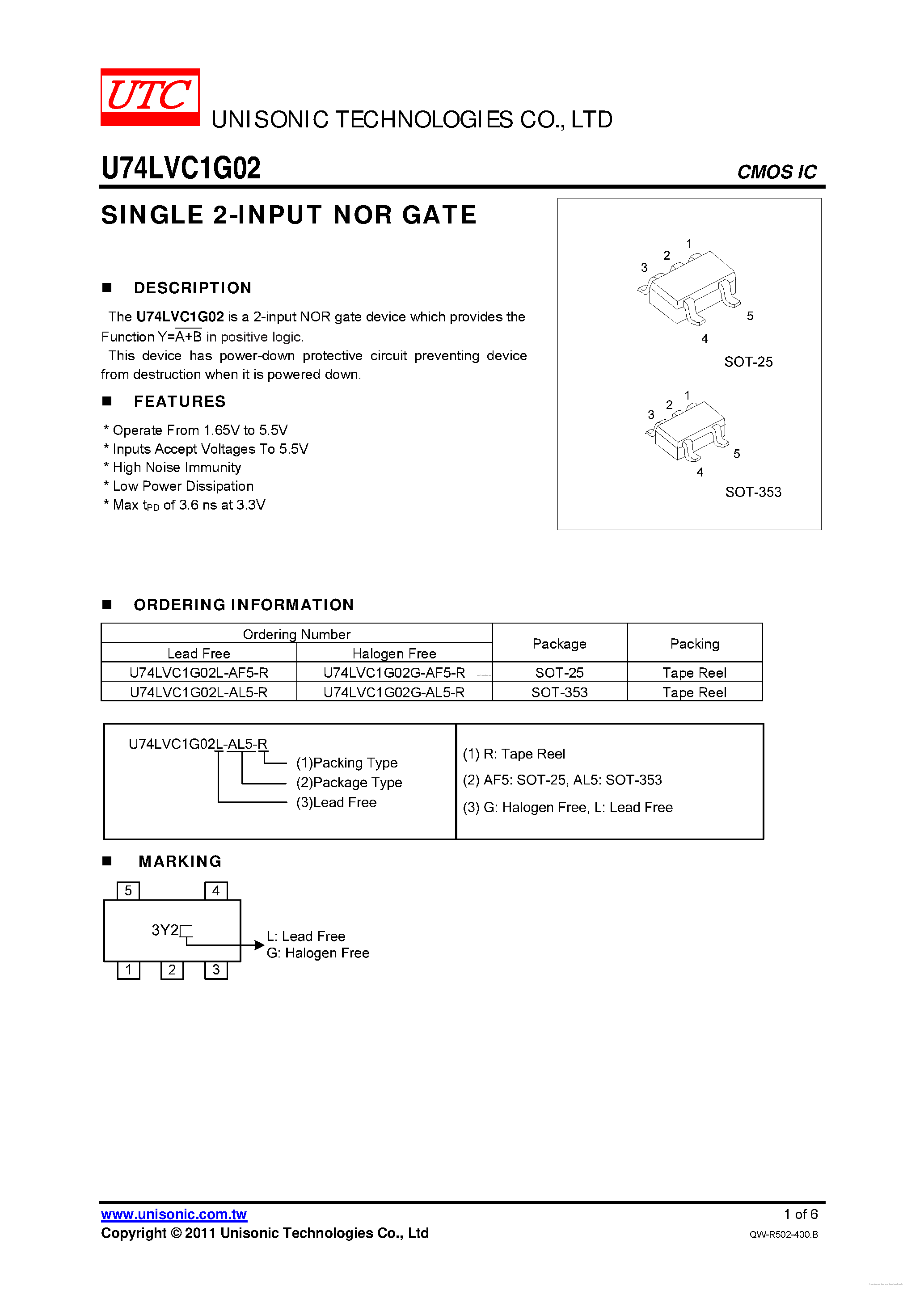 Даташит U74LVC1G02 - SINGLE 2-INPUT NOR GATE страница 1