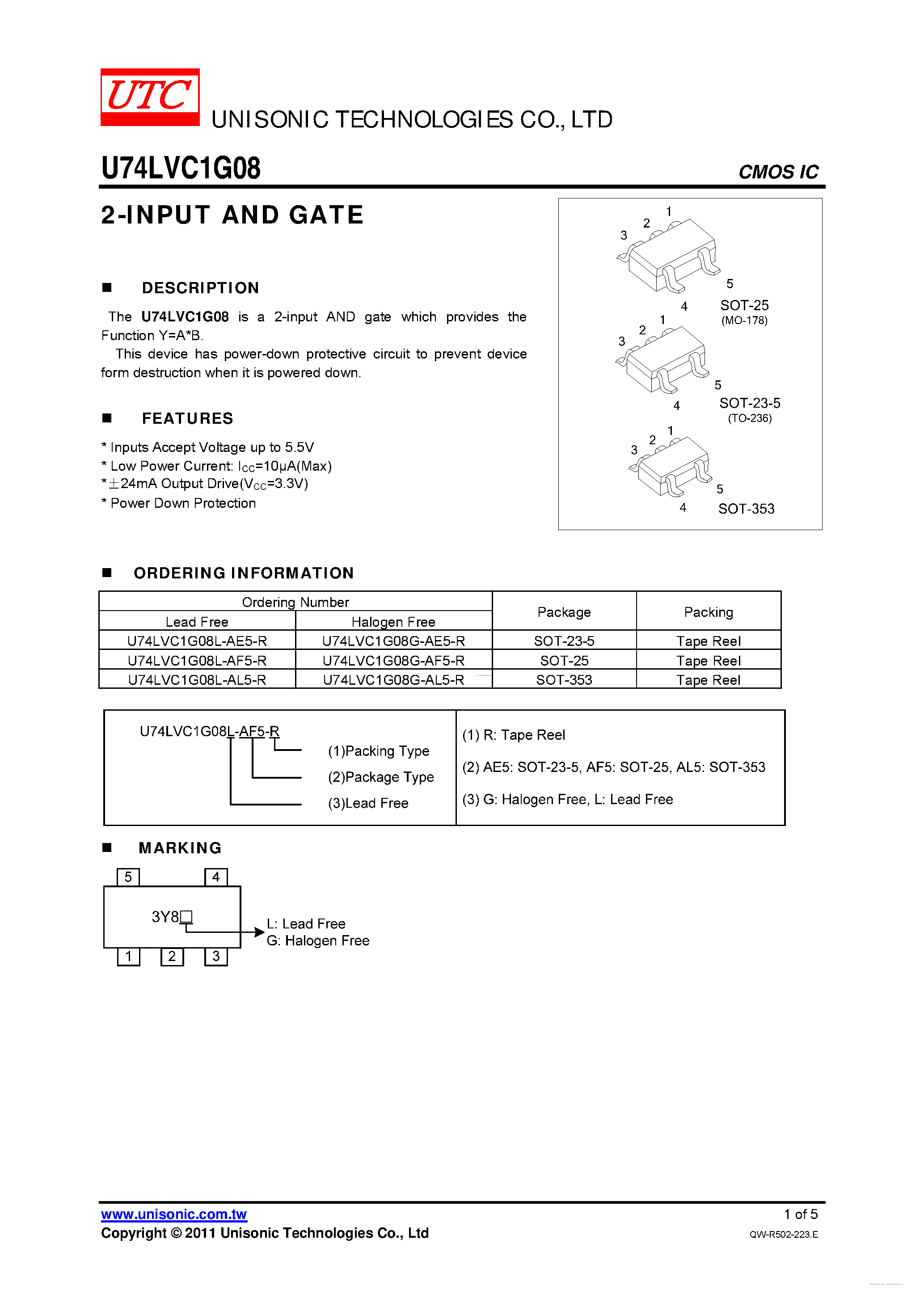 Даташит U74LVC1G08 - 2-INPUT AND GATE страница 1