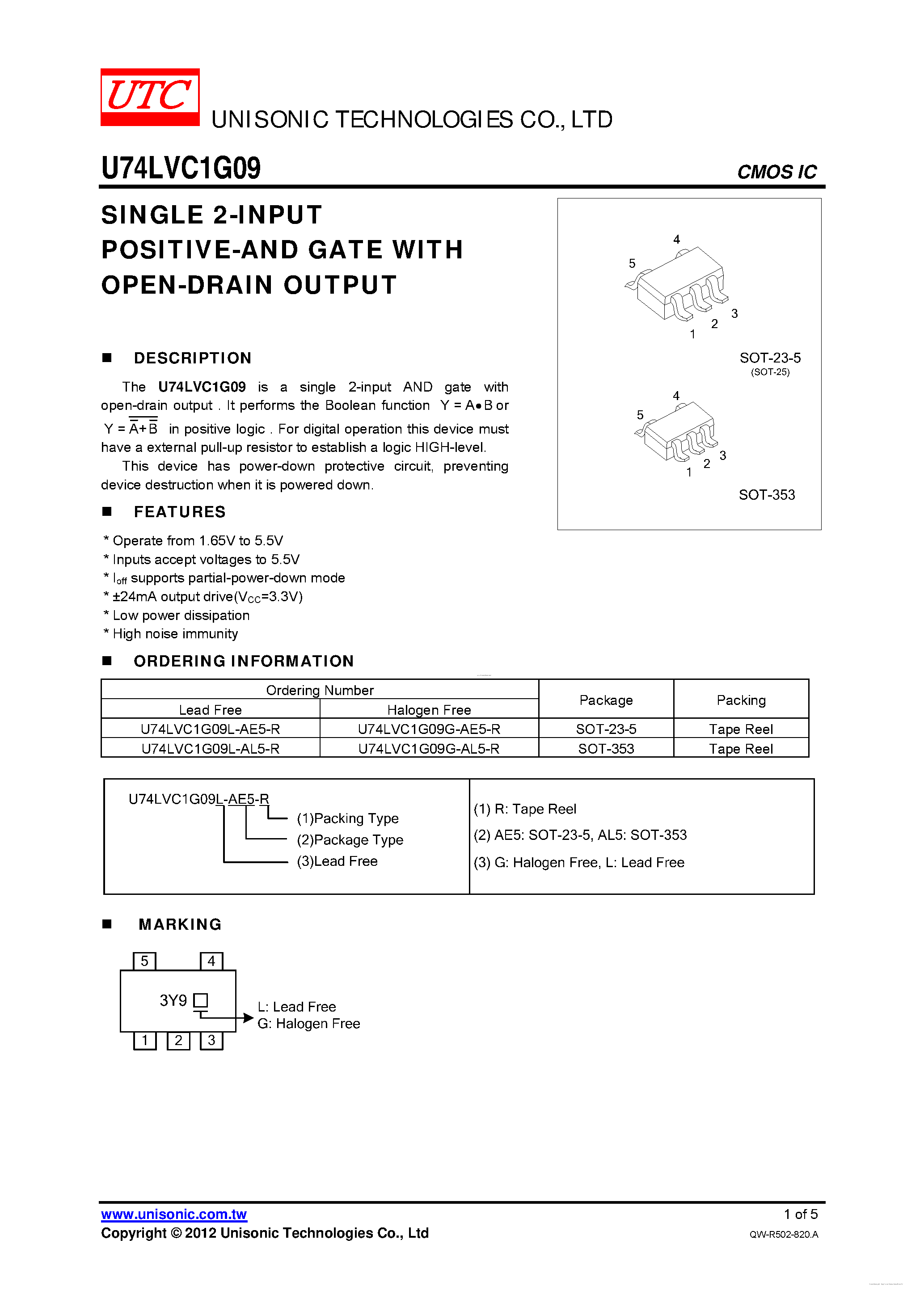 Даташит U74LVC1G09 - SINGLE 2-INPUT POSITIVE-AND GATE страница 1