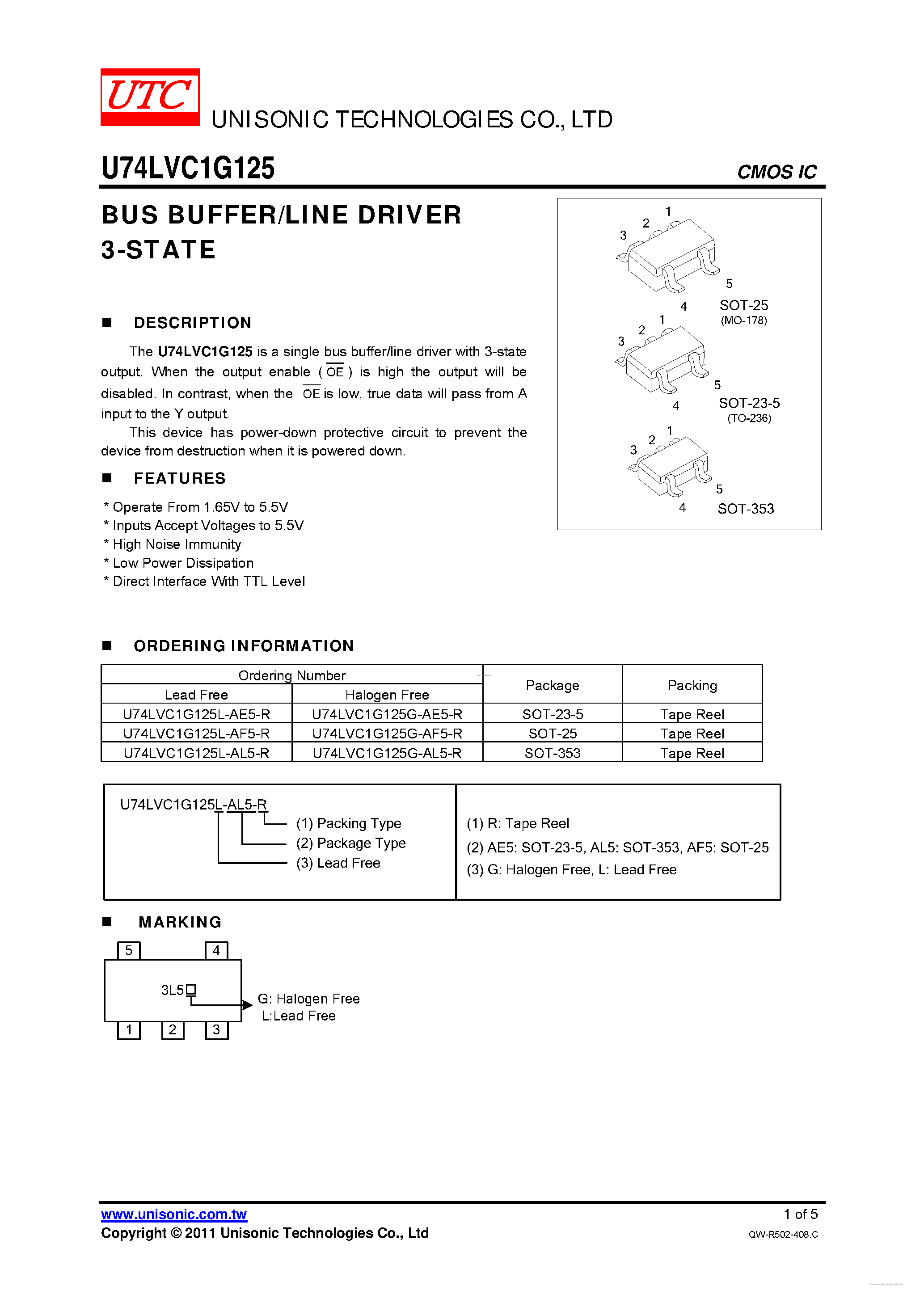 Даташит U74LVC1G125 - BUS BUFFER/LINE DRIVER 3-STATE страница 1