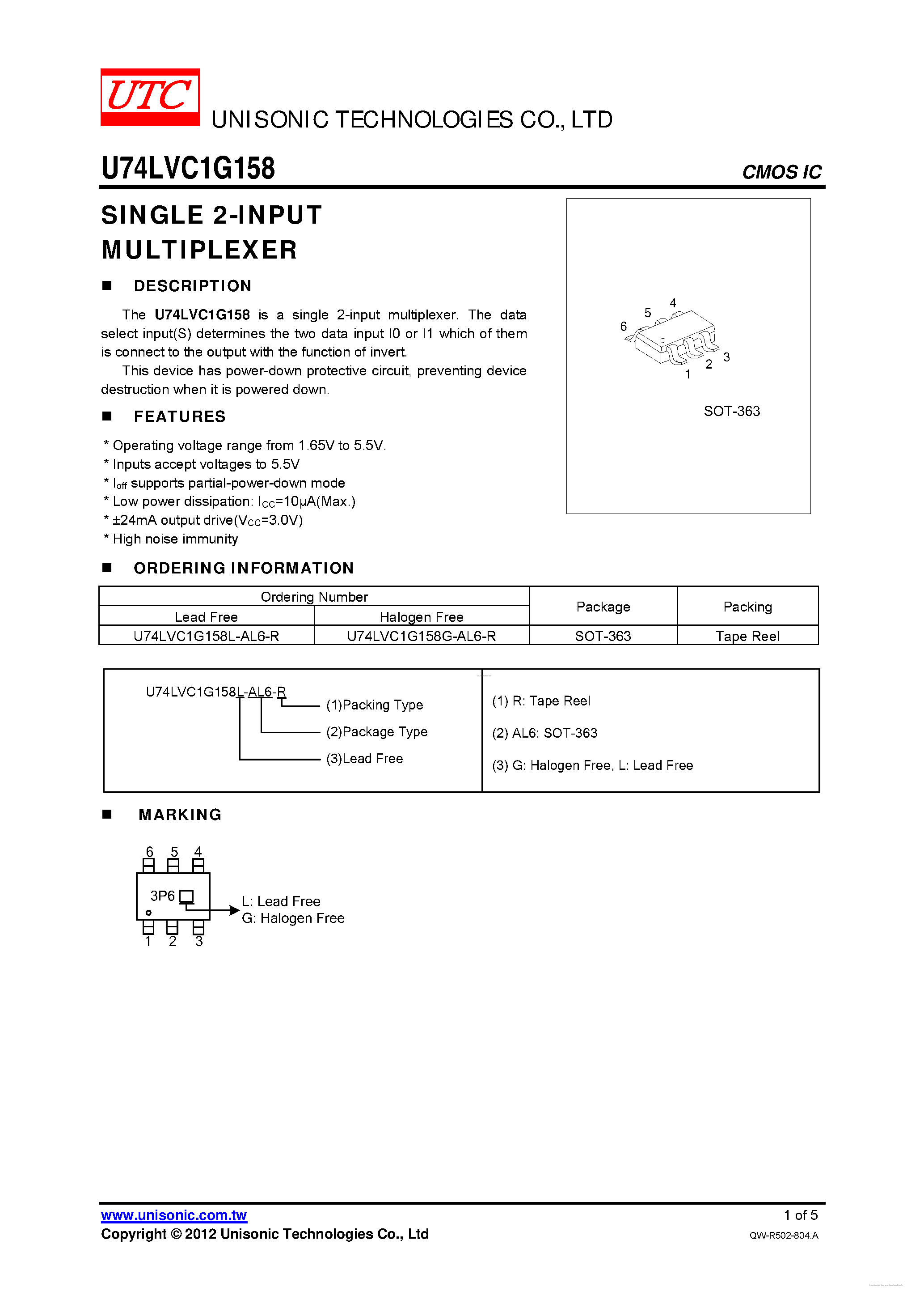 Даташит U74LVC1G158 - SINGLE 2-INPUT MULTIPLEXER страница 1