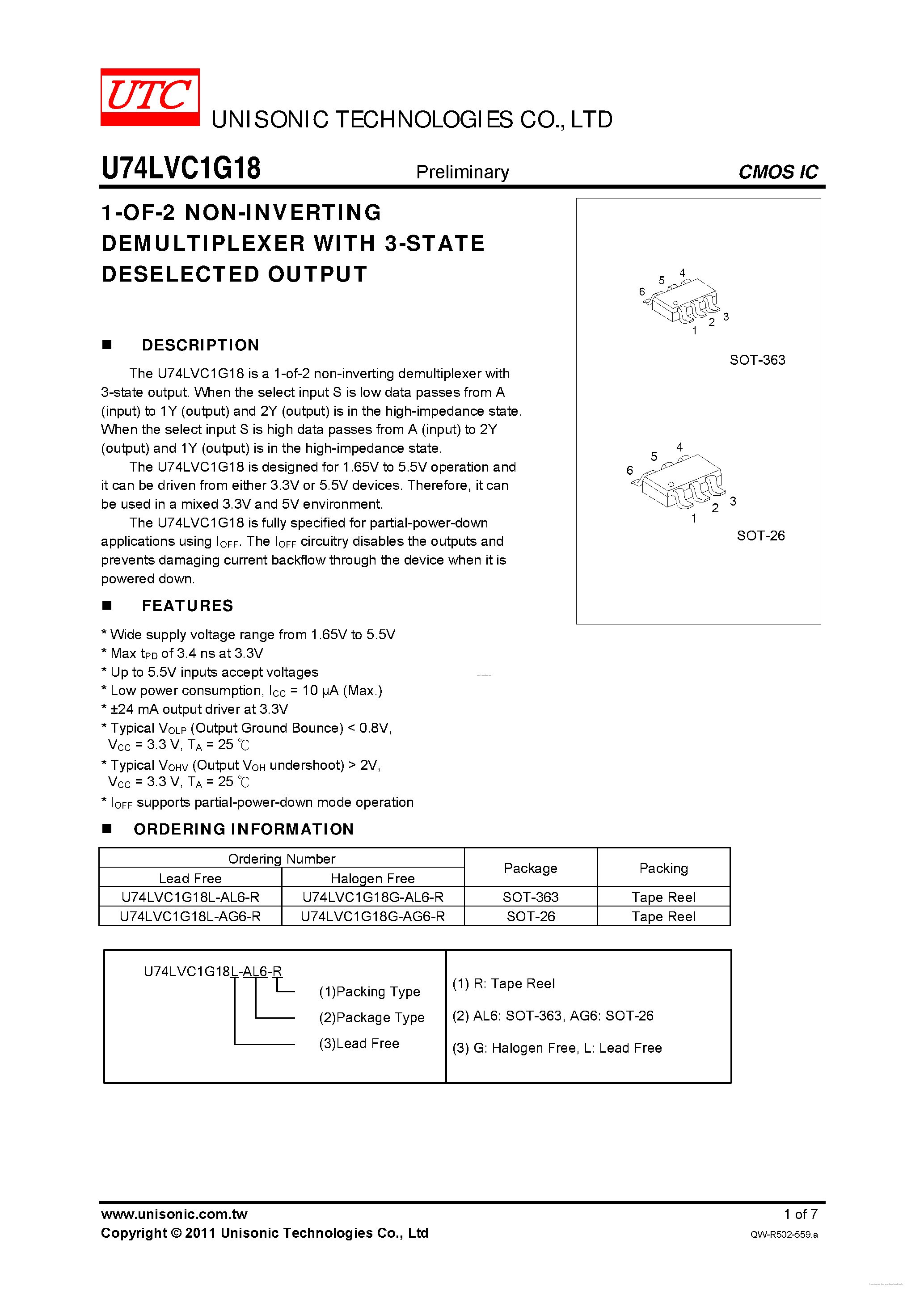 Даташит U74LVC1G18 - 1-OF-2 NON-INVERTING DEMULTIPLEXER страница 1