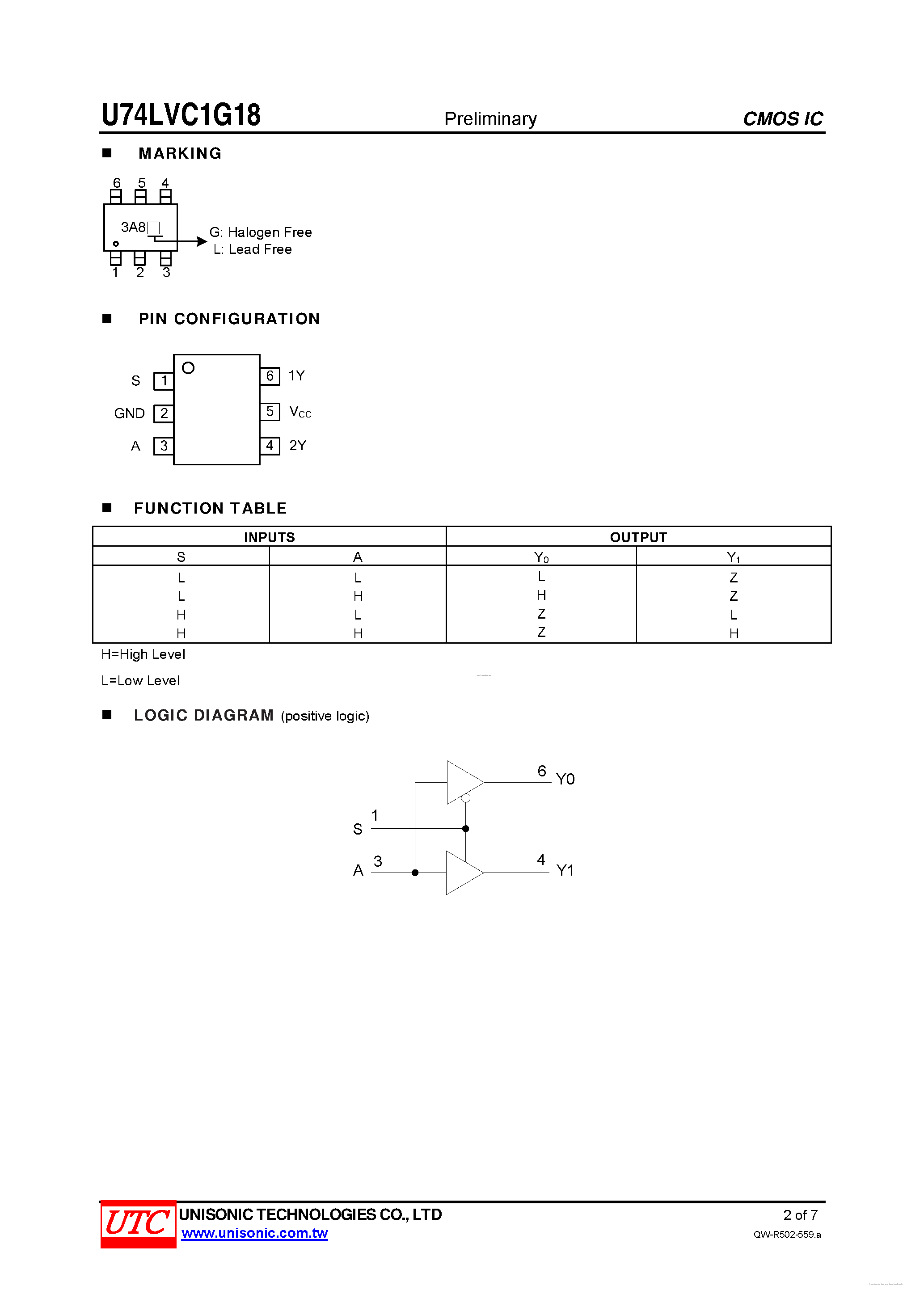 Даташит U74LVC1G18 - 1-OF-2 NON-INVERTING DEMULTIPLEXER страница 2