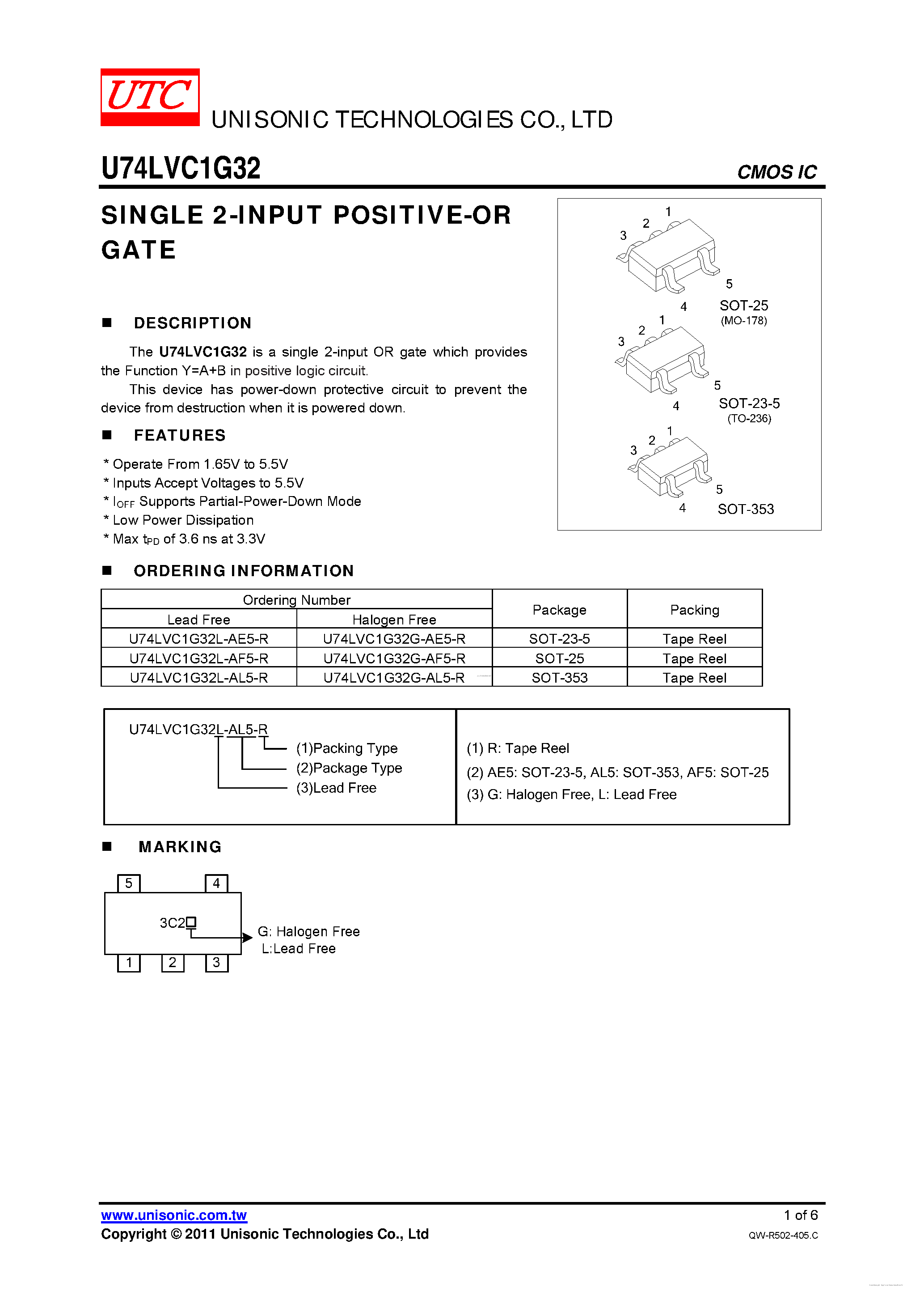 Даташит U74LVC1G32 - SINGLE 2-INPUT POSITIVE-OR GATE страница 1