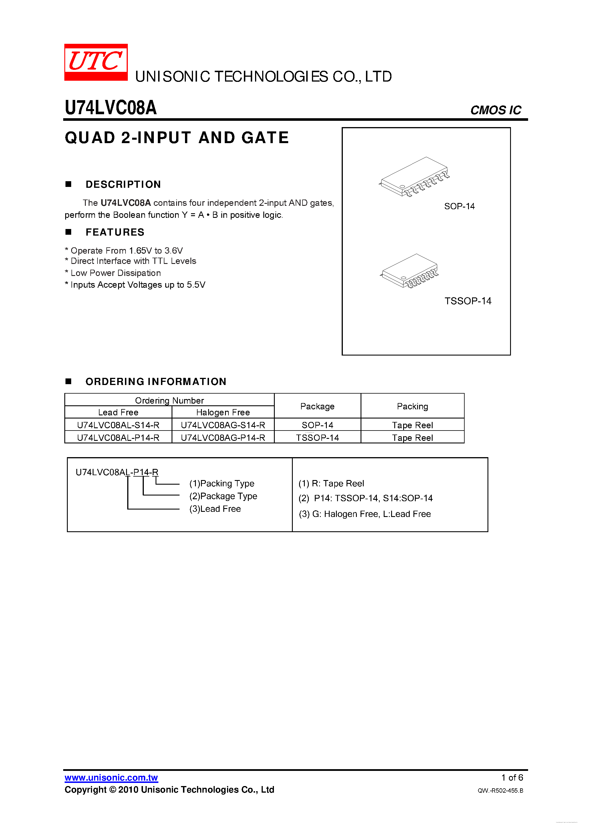 Даташит U74LVC08A - QUAD 2-INPUT AND GATE страница 1