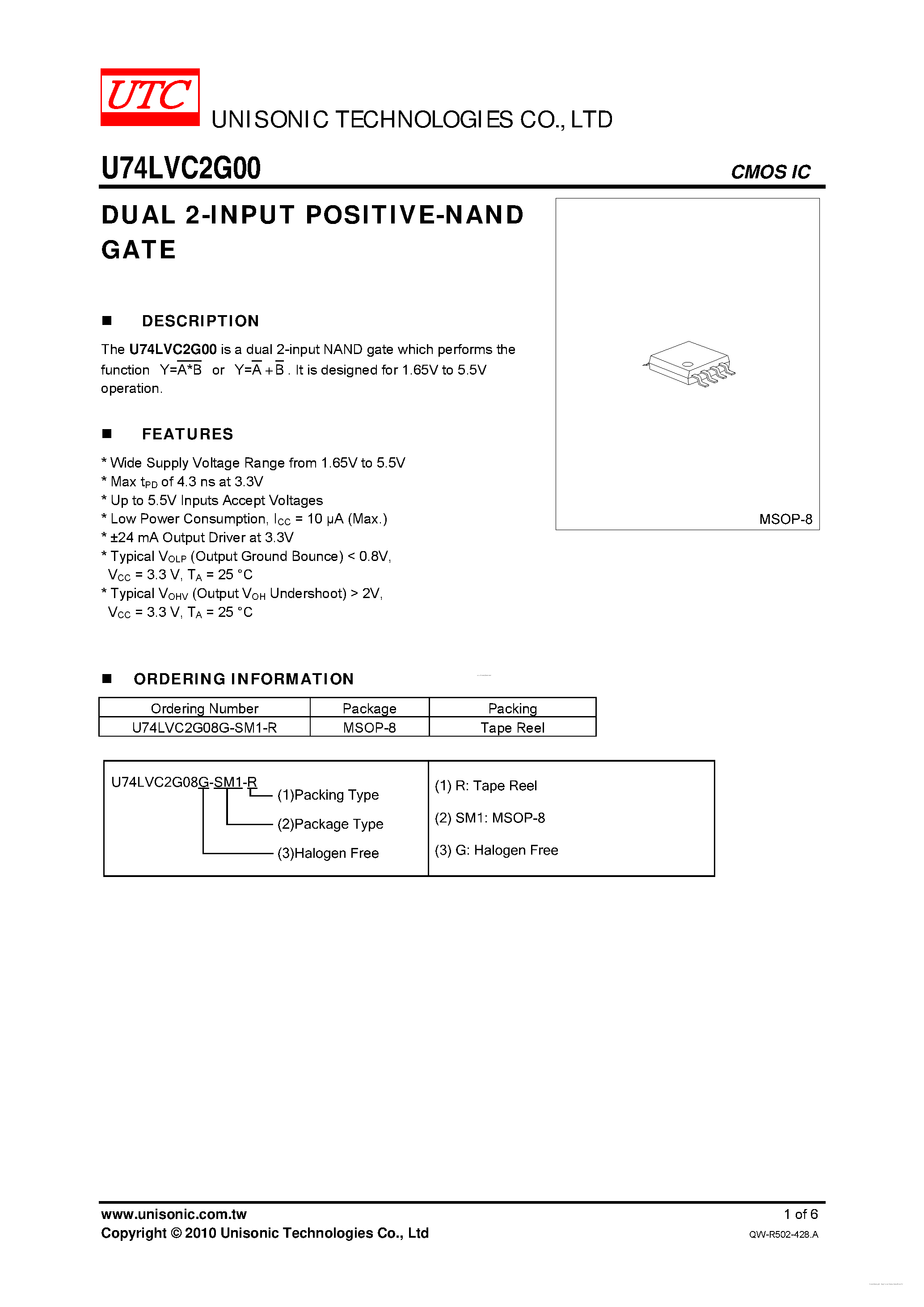 Даташит U74LVC2G00 - DUAL 2-INPUT POSITIVE-NAND GATE страница 1