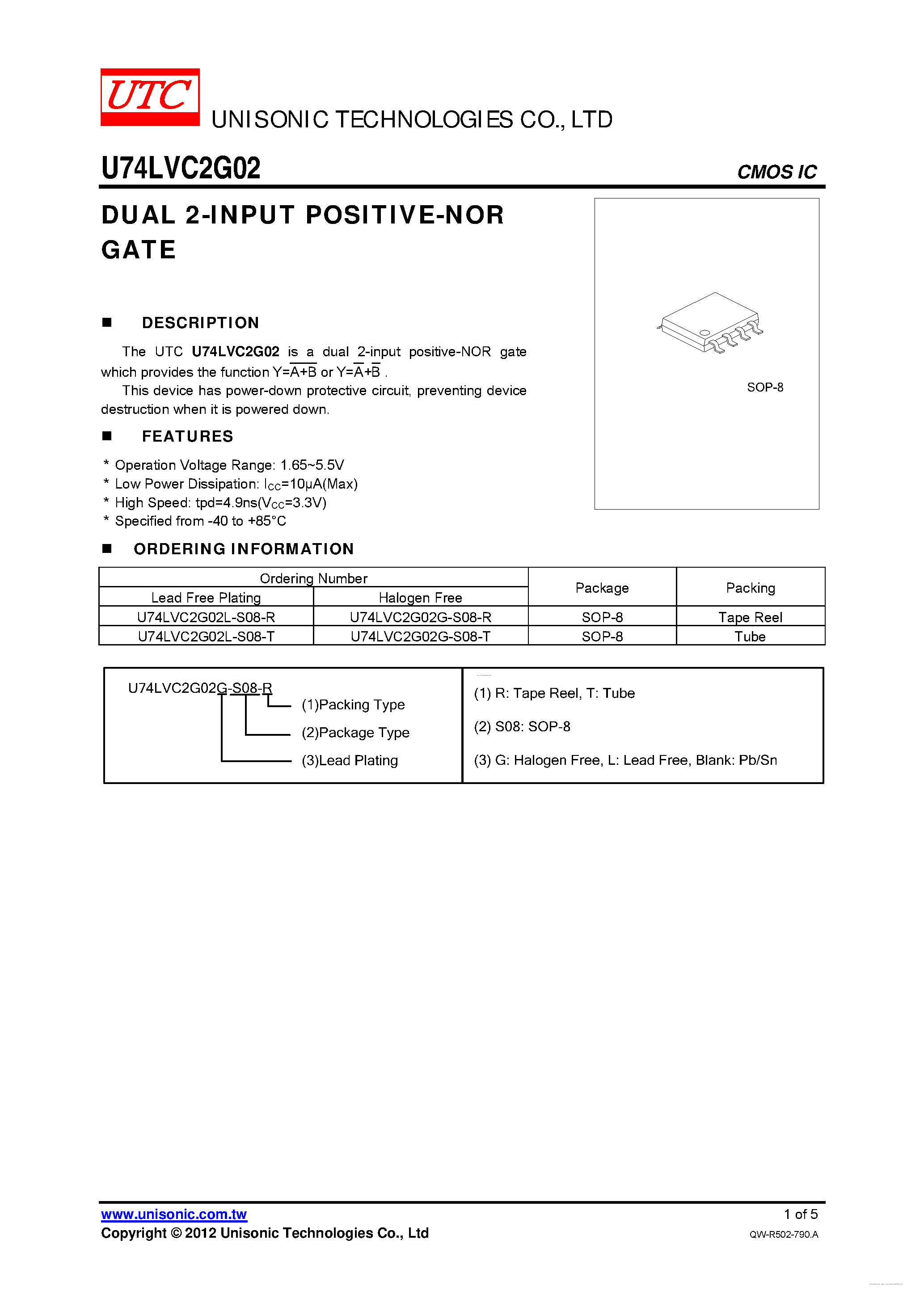 Даташит U74LVC2G02 - DUAL 2-INPUT POSITIVE-NOR GATE страница 1