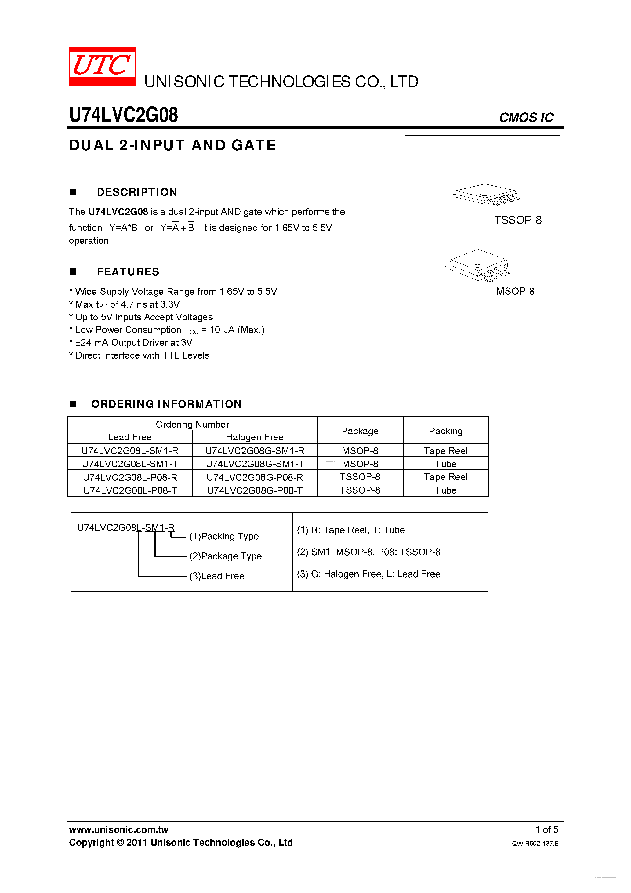 Даташит U74LVC2G08 - DUAL 2-INPUT AND GATE страница 1