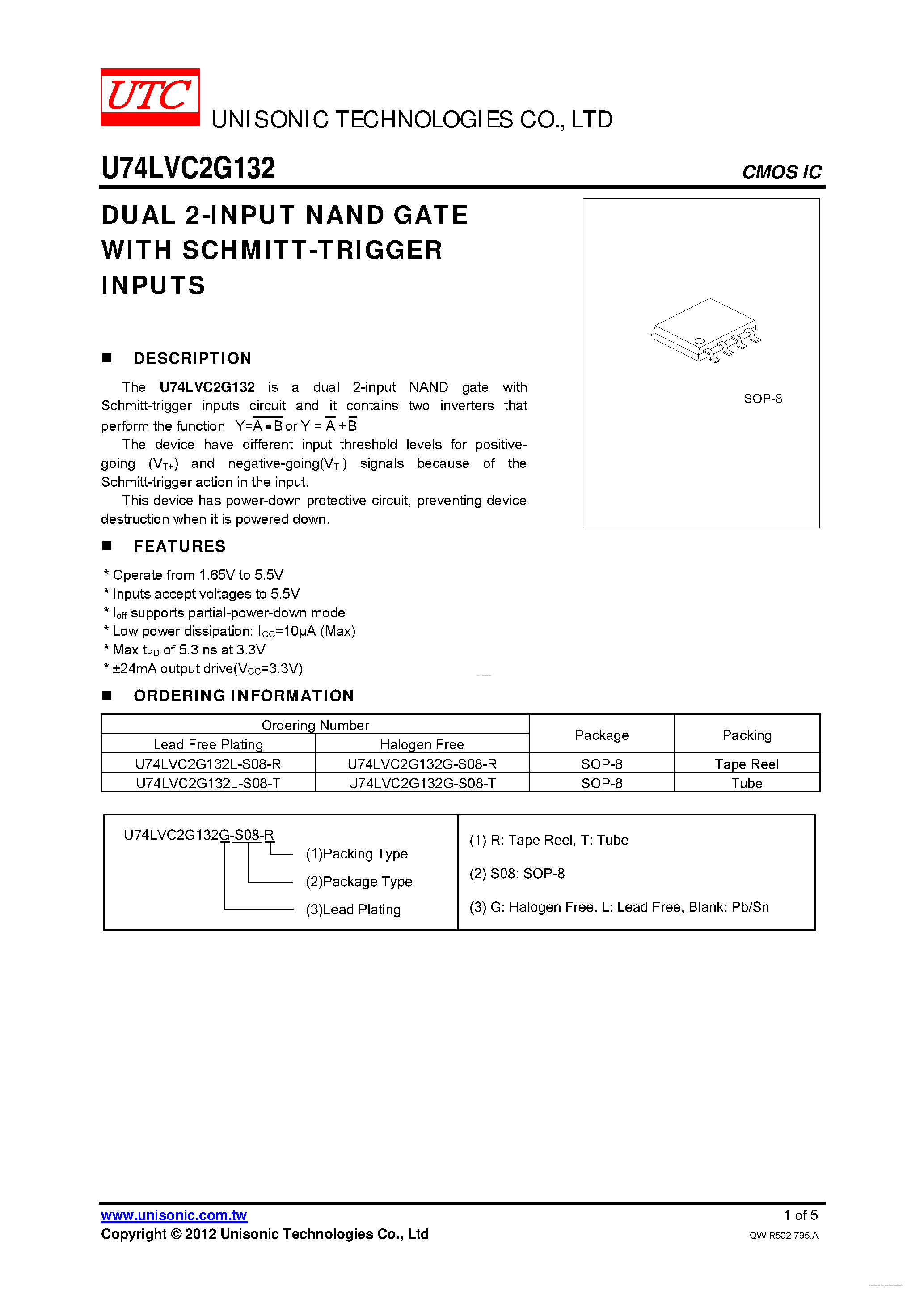 Даташит U74LVC2G132 - DUAL 2-INPUT NAND GATE страница 1