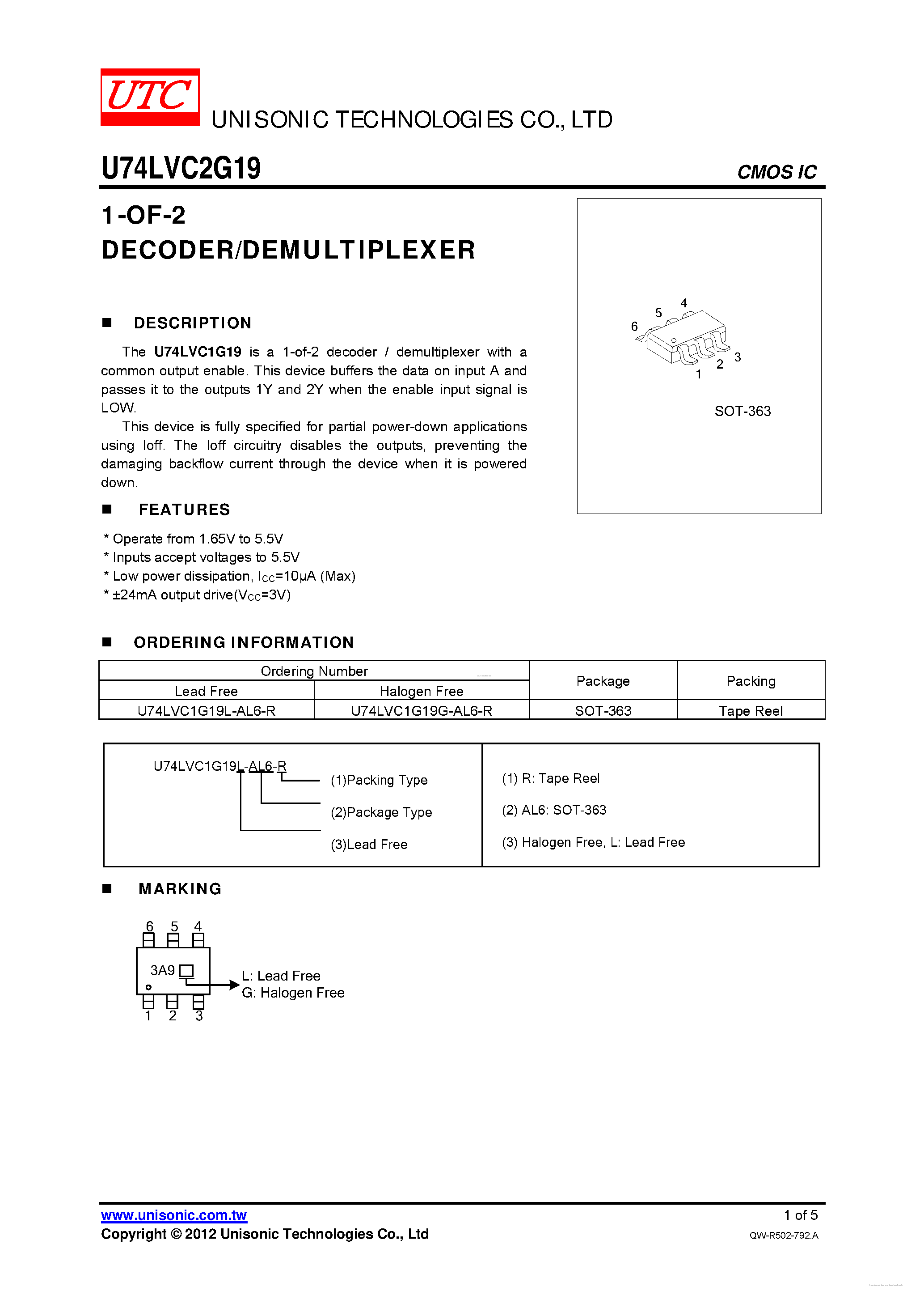 Даташит U74LVC2G19 - 1-OF-2 DECODER/DEMULTIPLEXER страница 1