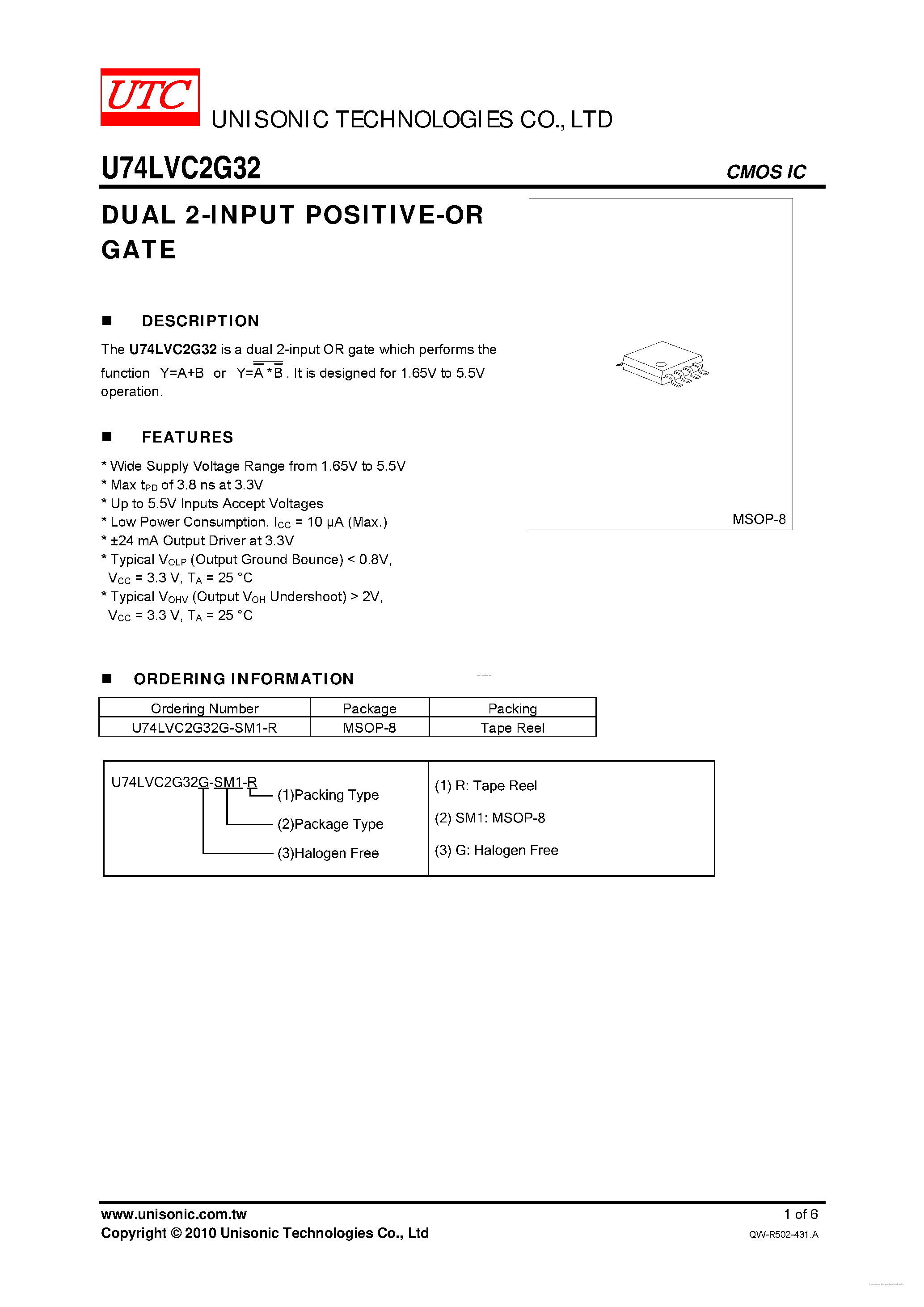 Даташит U74LVC2G32 - DUAL 2-INPUT POSITIVE-OR GATE страница 1