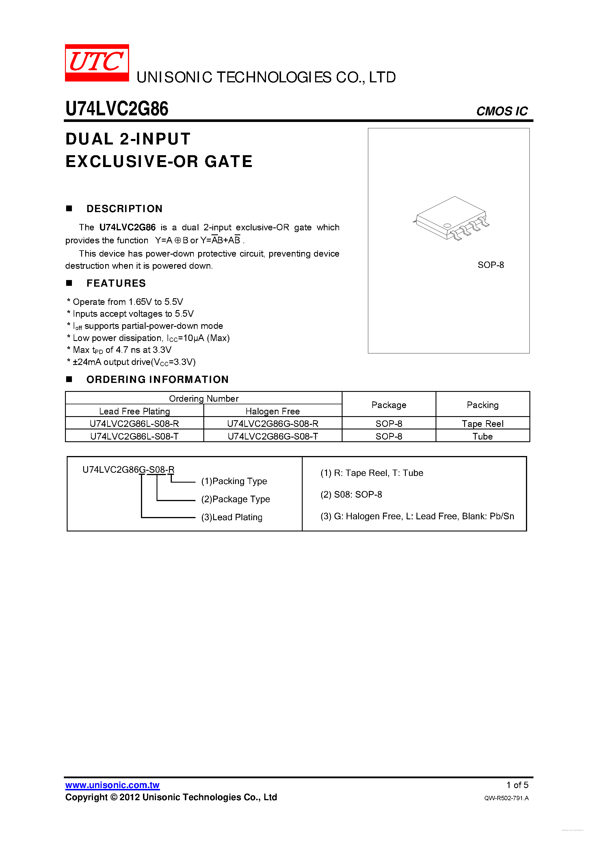 Даташит U74LVC2G86 - DUAL 2-INPUT EXCLUSIVE-OR GATE страница 1