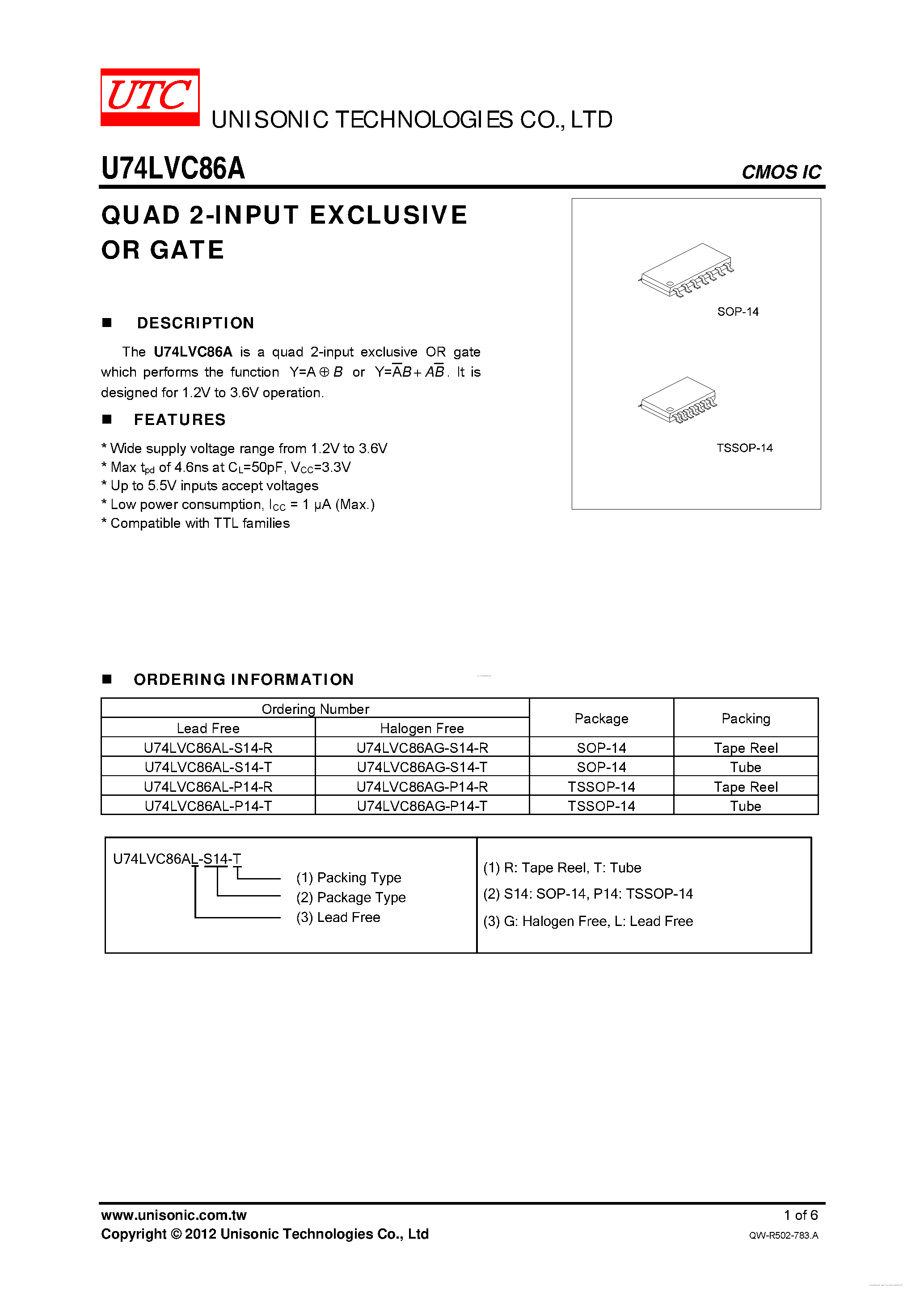 Даташит U74LVC86A - QUAD 2-INPUT EXCLUSIVE OR GATE страница 1