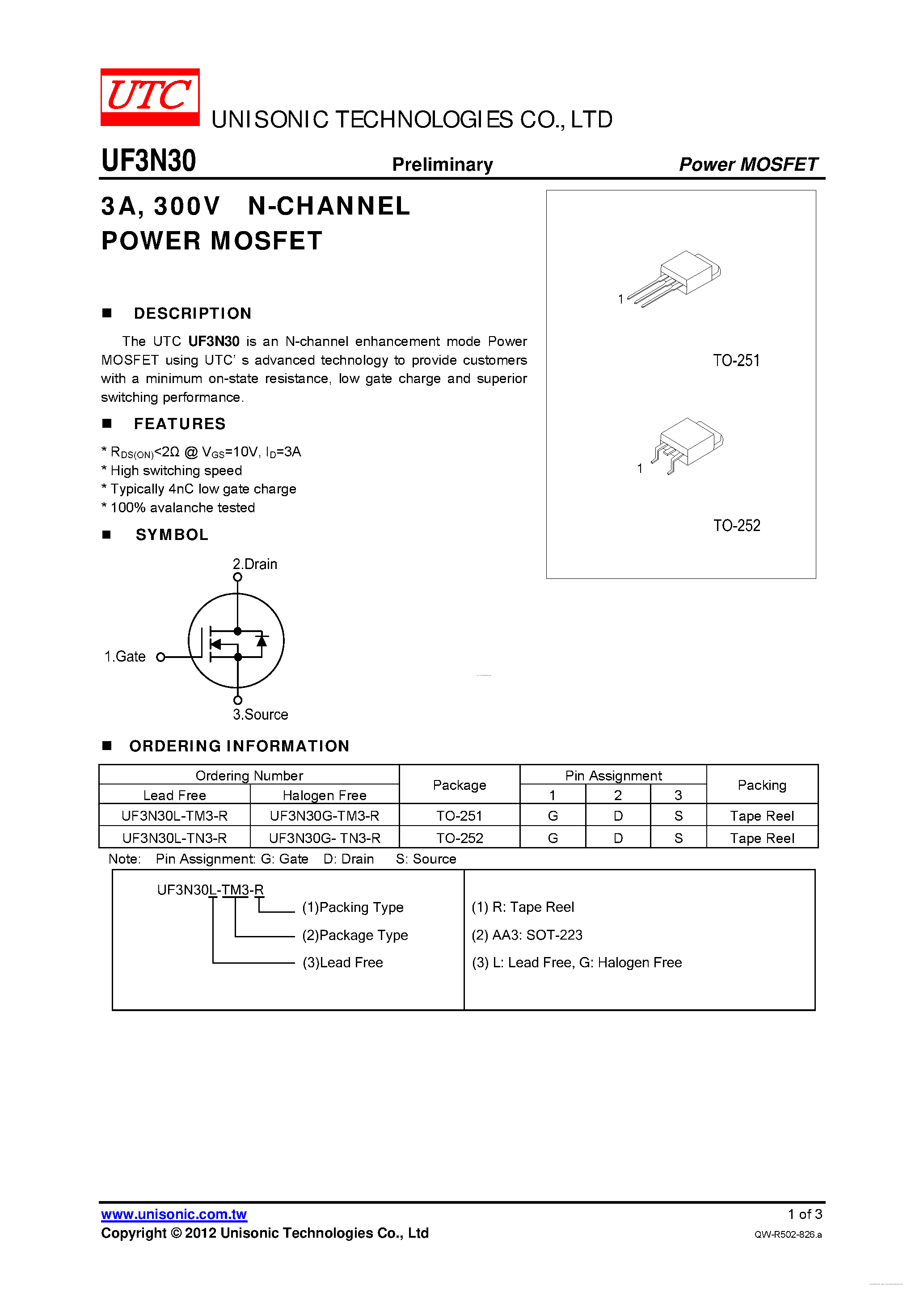 Даташит UF3N30 - 300V N-CHANNEL POWER MOSFET страница 1