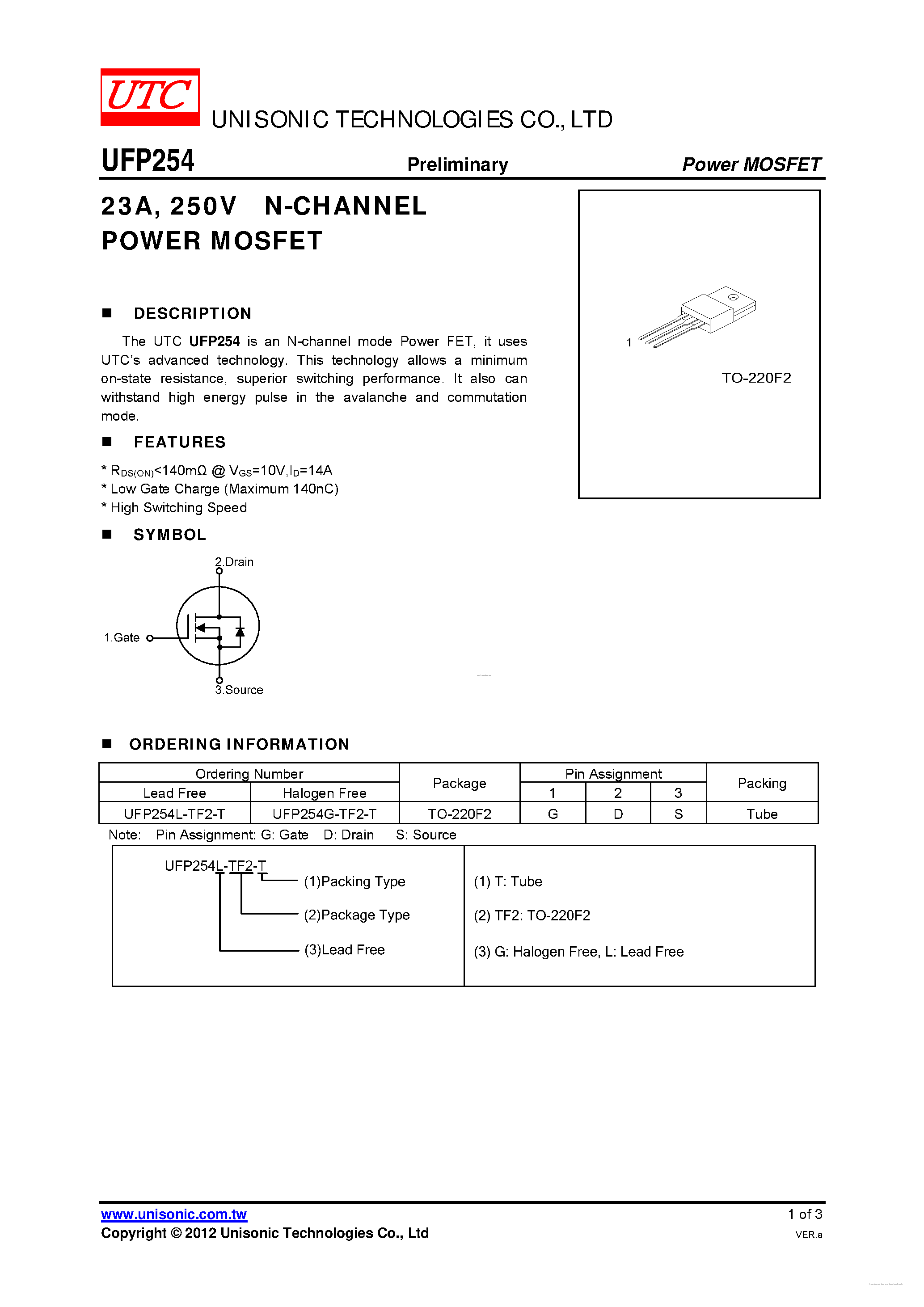 Даташит UFP254 - 250V N-CHANNEL POWER MOSFET страница 1