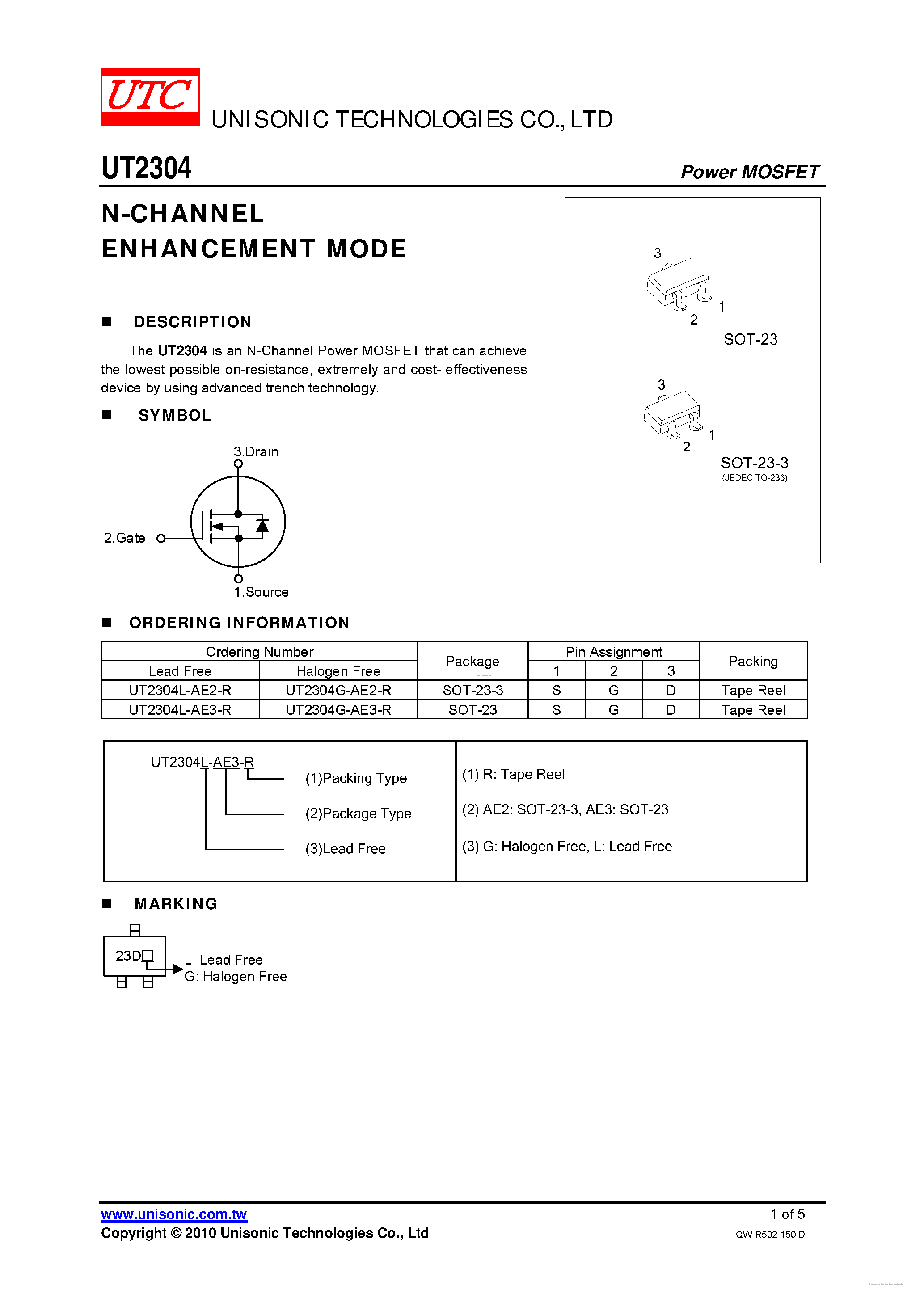 Даташит UT2304 - N-CHANNEL ENHANCEMENT MODE страница 1