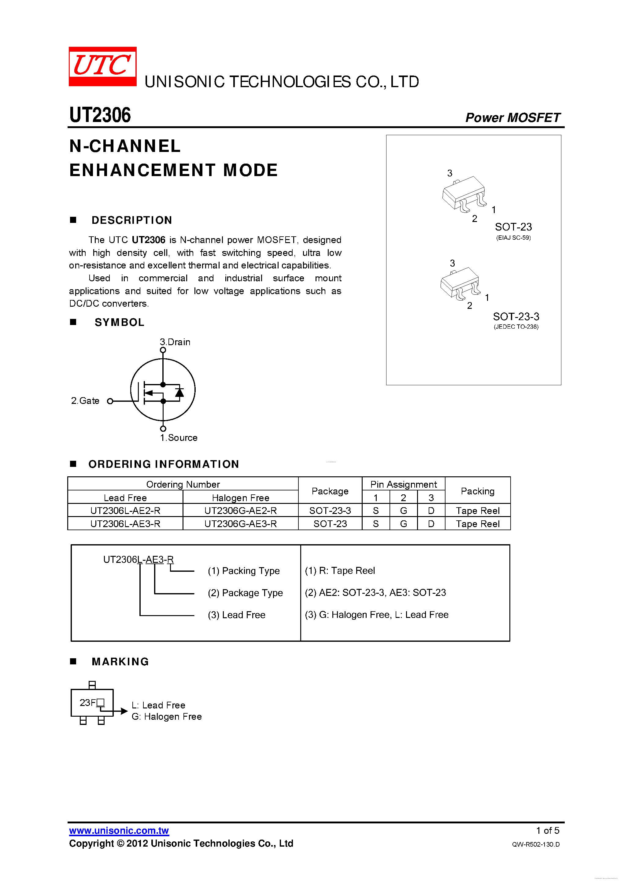 Даташит UT2306 - N-CHANNEL ENHANCEMENT MODE страница 1