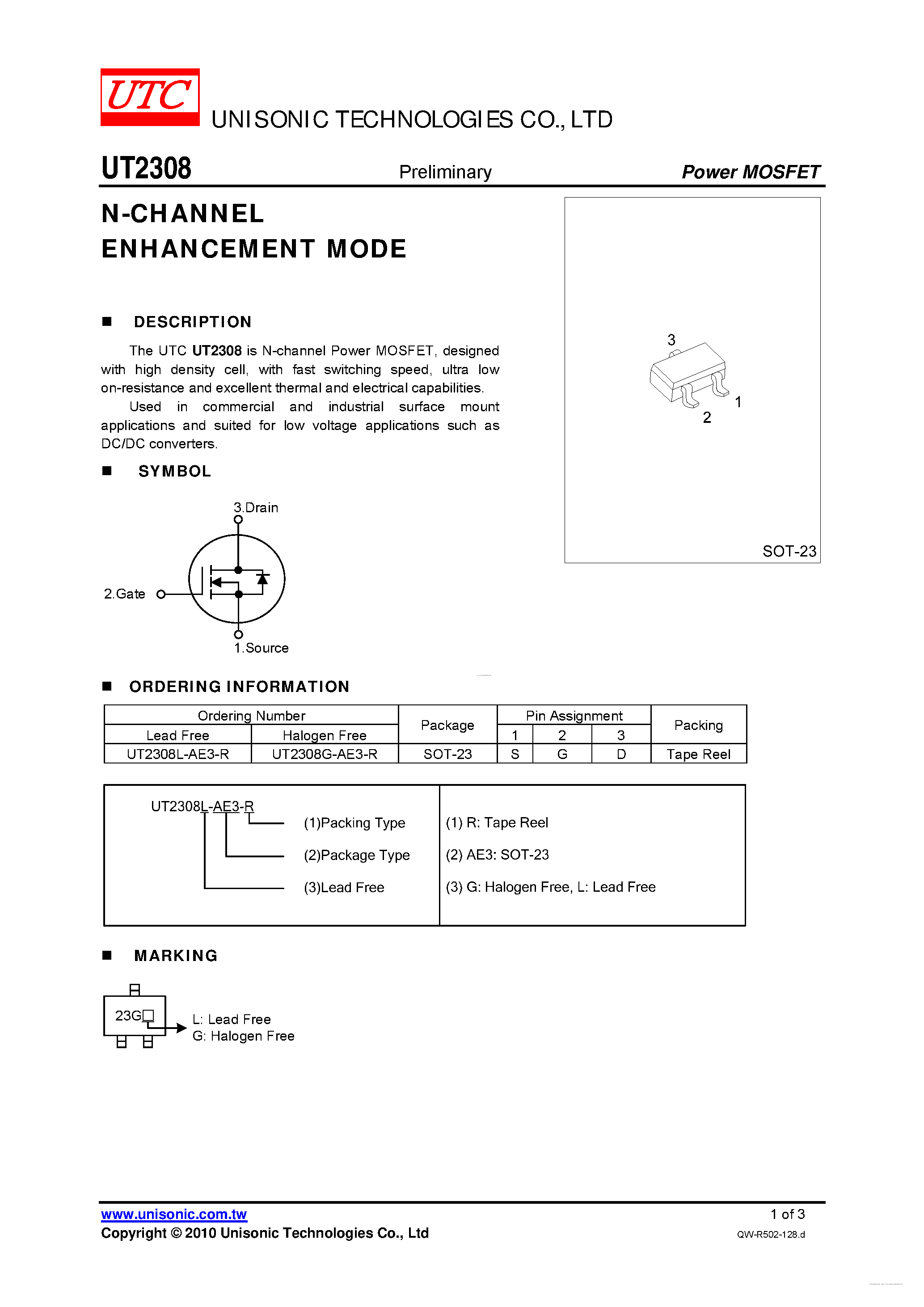 Даташит UT2308 - N-CHANNEL ENHANCEMENT MODE страница 1