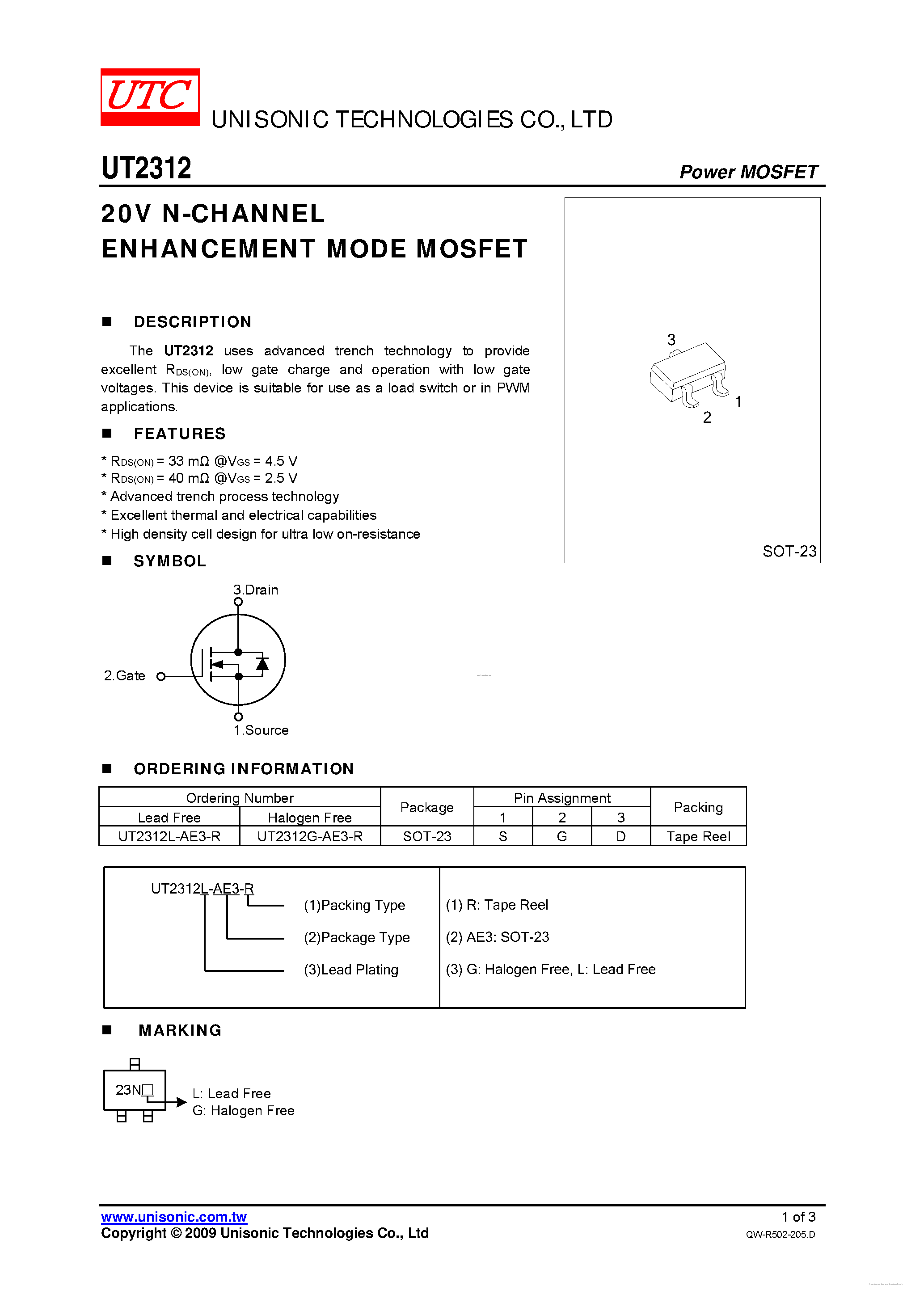 Даташит UT2312 - 20V N-CHANNEL ENHANCEMENT MODE MOSFET страница 1